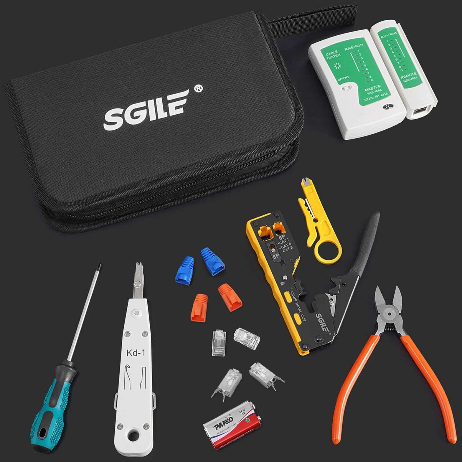 SGILE Zestaw narzędzi zaciskowych RJ45, zestaw narzędzi do Cat5 Cat6 Cat7, narzędzie do ściągania izolacji i cięcia typu pass-through, zestawy konserwacyjne kabli Ethernet, tester kabli, Cat5/6/7, 25