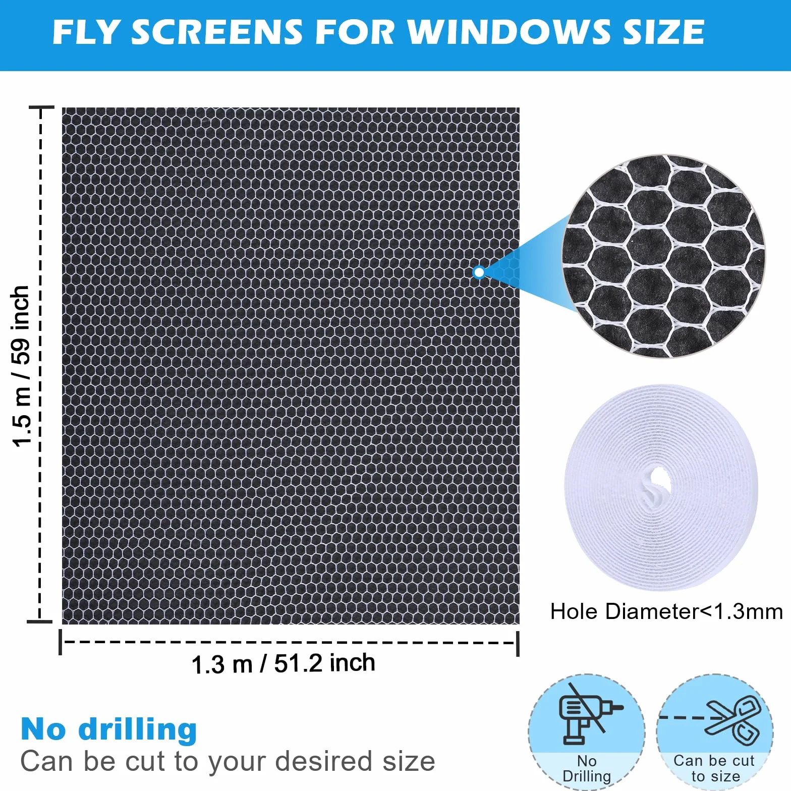 Moskitiera okienna z 5 rolkami, 5 sztuk, z możliwością przycięcia, 130 x 150 cm, samoprzylepna ochrona przed owadami, 5 szt