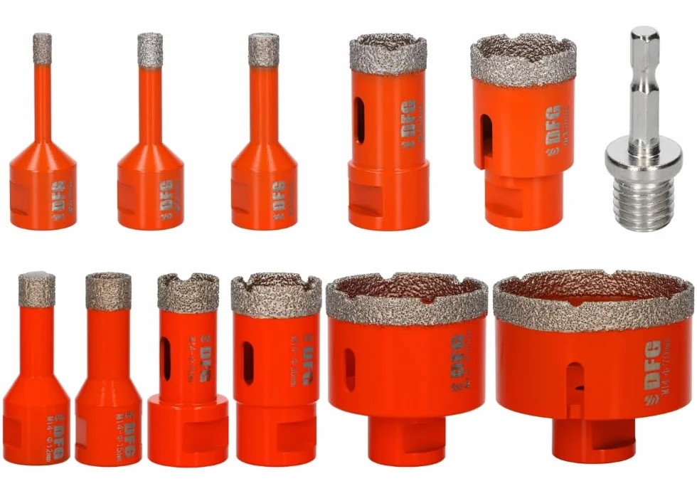 Zestaw 11 otwornic diamentowych 6-68 mm do szkła, gresu i płytek ceramicznych, mocowanie M14, wiercenie na sucho + adapter