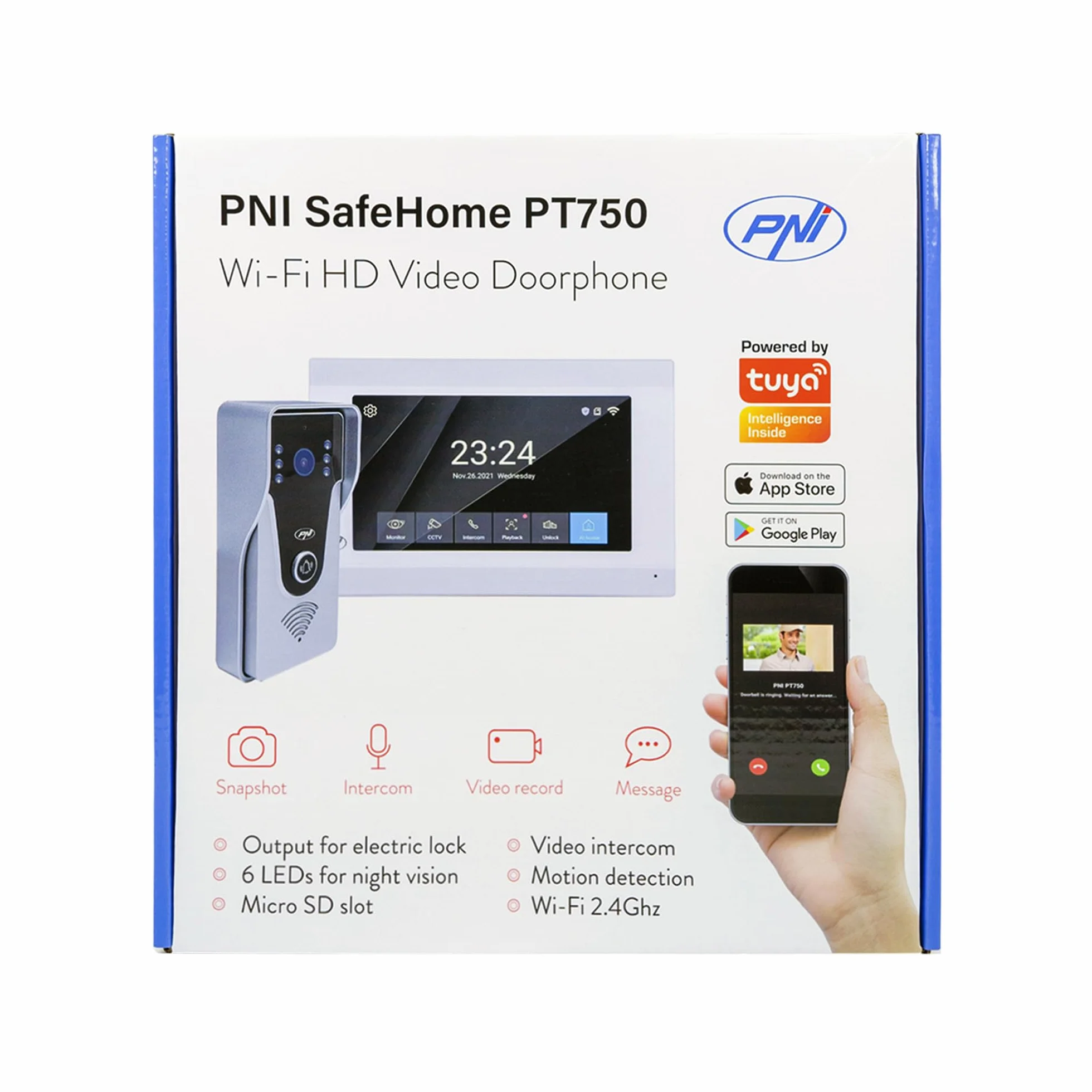 Inteligentny wideodomofon PNI SafeHome PT750 WiFi HD, P2P, monitor wewnętrzny, dedykowana aplikacja Tuya Smart, integracja w scenariuszach i inteligentne automatyzacje z innymi kompatybilnymi