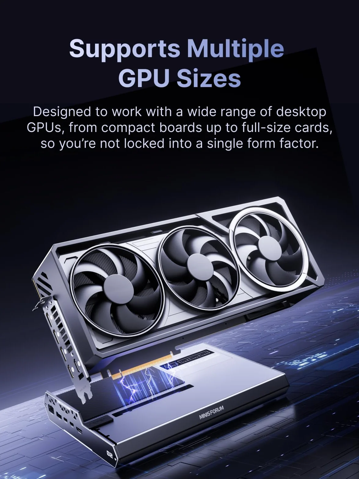 MINISFORUM DEG2 Thunderbolt 5 (80 Gb/s, 140 W) i stacja dokująca OCuLink eGPU, PCIe x16, z gniazdem M.2 NVMe, obsługuje zasilacze ATX/SFX