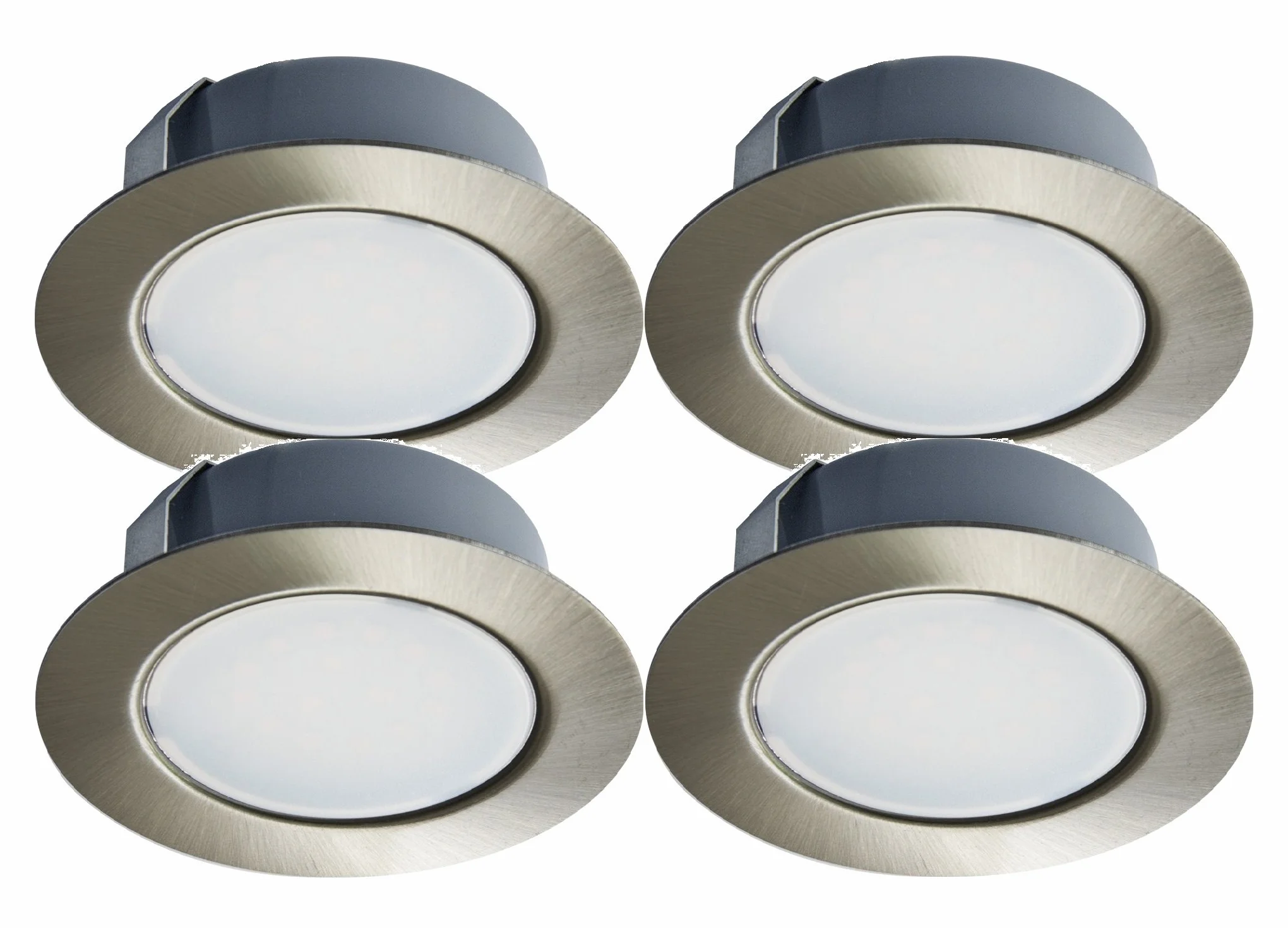 Trango Zestaw 4 sztuk G4E-042 LED reflektory meblowe do zabudowy 12V AC/DC lampa do zabudowy, lampa sufitowa nikiel matowy do zastąpienia tradycyjnych lamp meblowych G4, oświetlenia okapu kuchennego