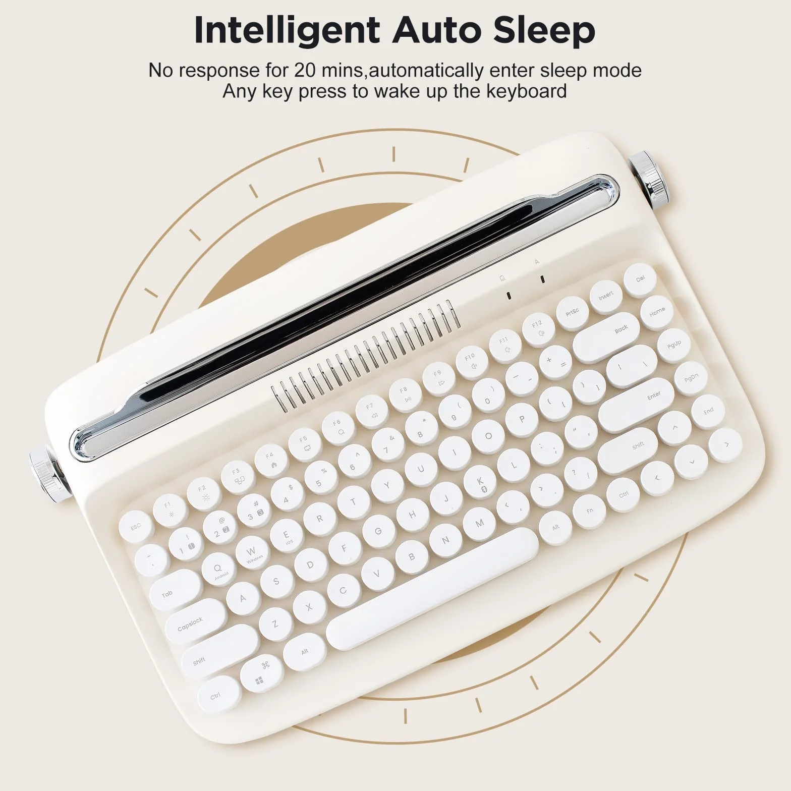 YUNZII ACTTO B303 bezprzewodowa klawiatura do pisania w stylu retro, klawiatura Bluetooth ze zintegrowanym stojakiem do wielu urządzeń, układ brytyjski (masło kości słoniowej)