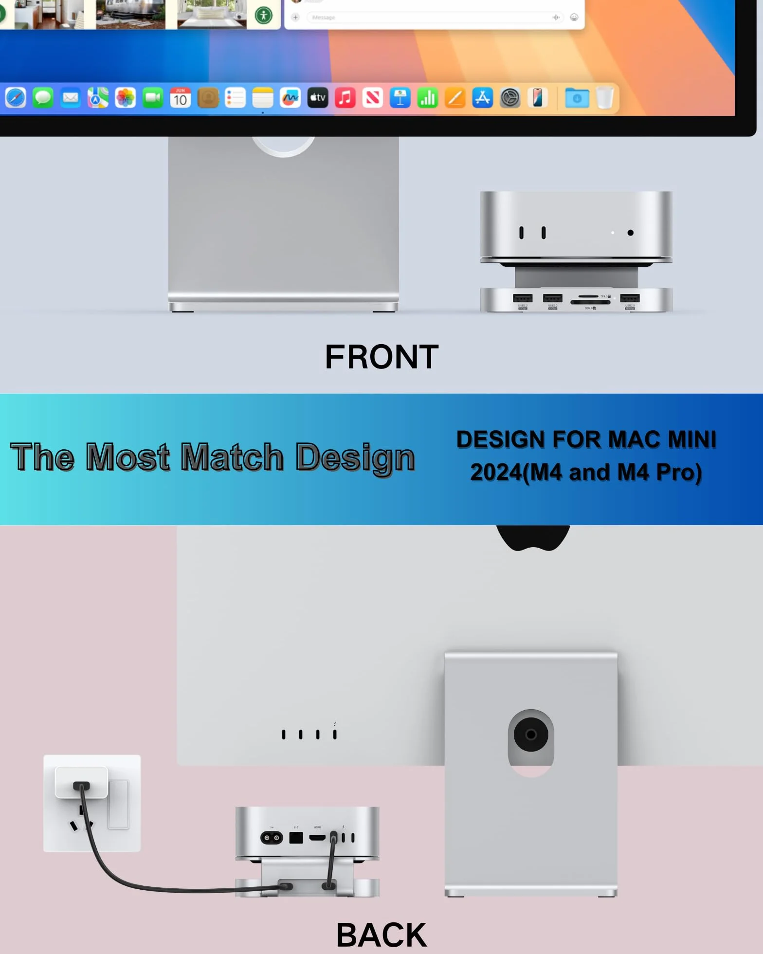 Stacja dokująca Mac mini M4, aluminiowy stojak i koncentrator do Mac mini M4 i M4 Pro 2024 z obudową M.2 NVMe SSD, 2 x USB-A 10 Gb/s, czytniki kart SD/TF, dane USB 2.0 (MC60)