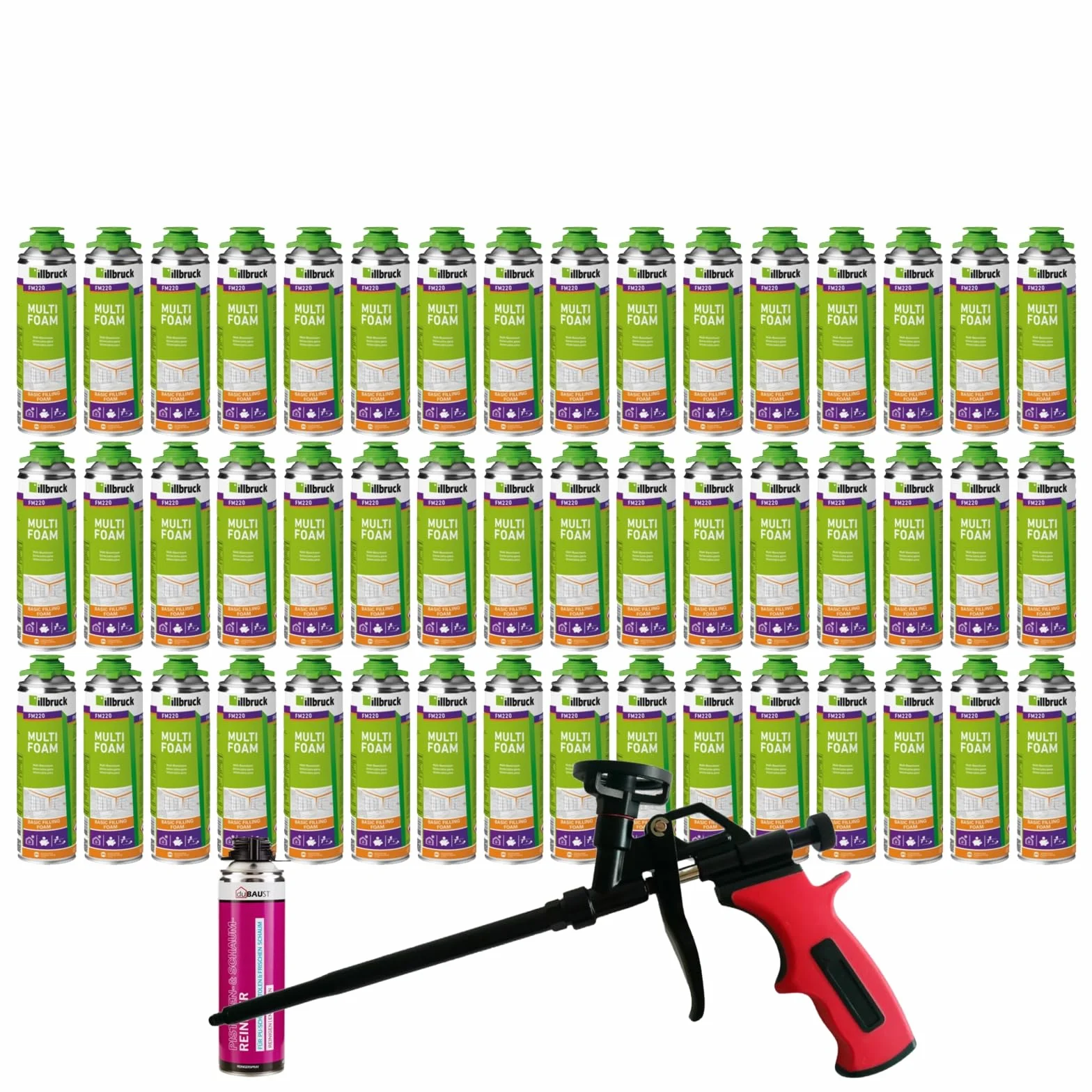 FM220 pianka budowlana, pianka montażowa, pianka do pistoletu, pianka okienna, wysoka izolacja akustyczna, izolacja cieplna, 500 ml, zestaw kombi (z środkiem czyszczącym AA290 + pistolet piankowy