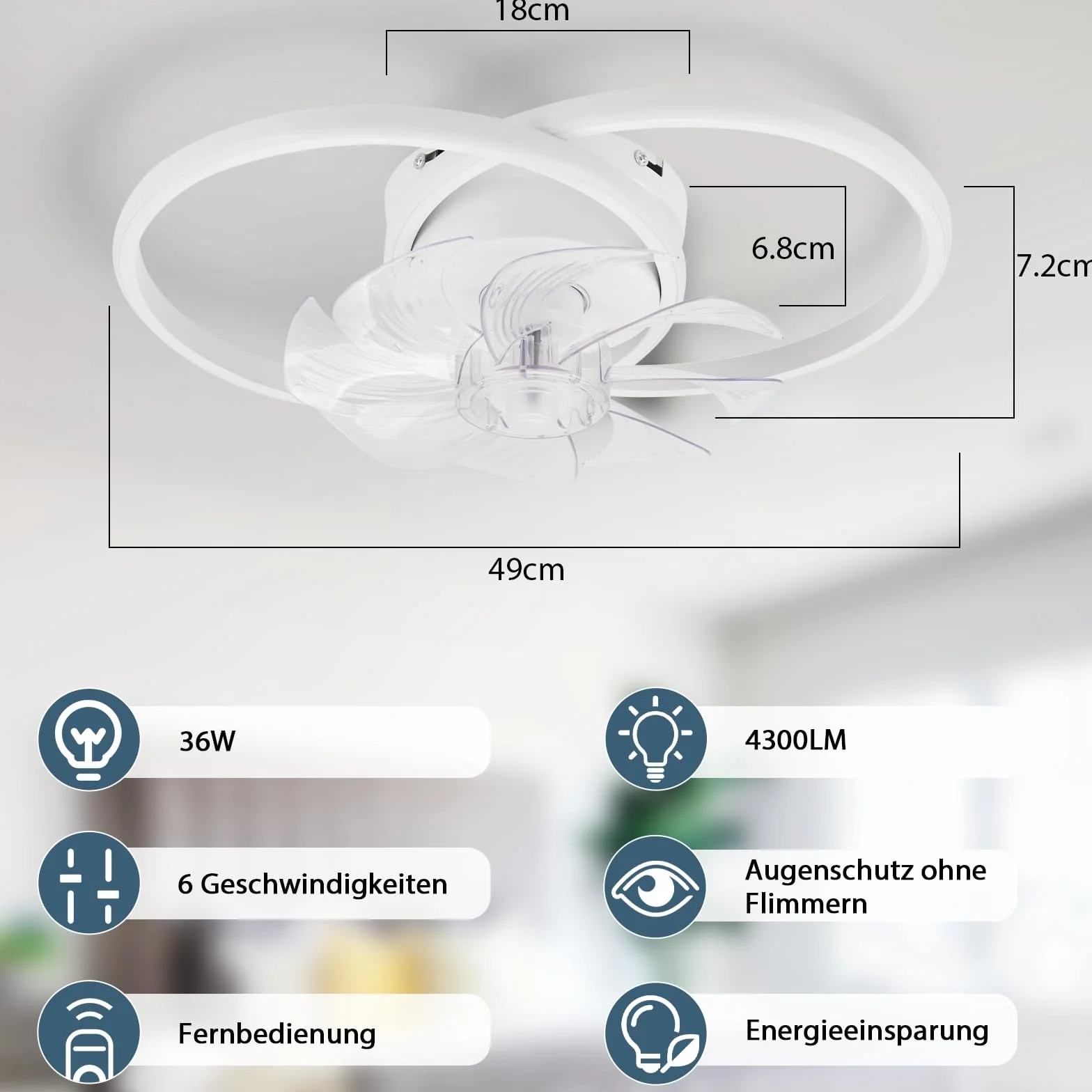 Homefire Wentylator sufitowy LED z oświetleniem – nowoczesny cichy wentylator sufitowy o mocy 36W z pilotem 3 temperaturami barwowymi i 6 prędkościami wentylacyjna do jadalni i pokoju dziecięcego