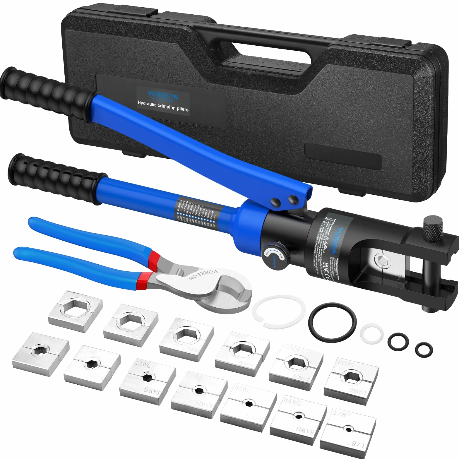 12 tonów hydrauliczne szczypce zaciskowe 8-300 m²/1/8" AWG-600MCM 13 zestawów form zaciskowych z nożyczkami do kabli AWG nóż do drutu, naklejka na końcówki kablowe miedziano-aluminiowe