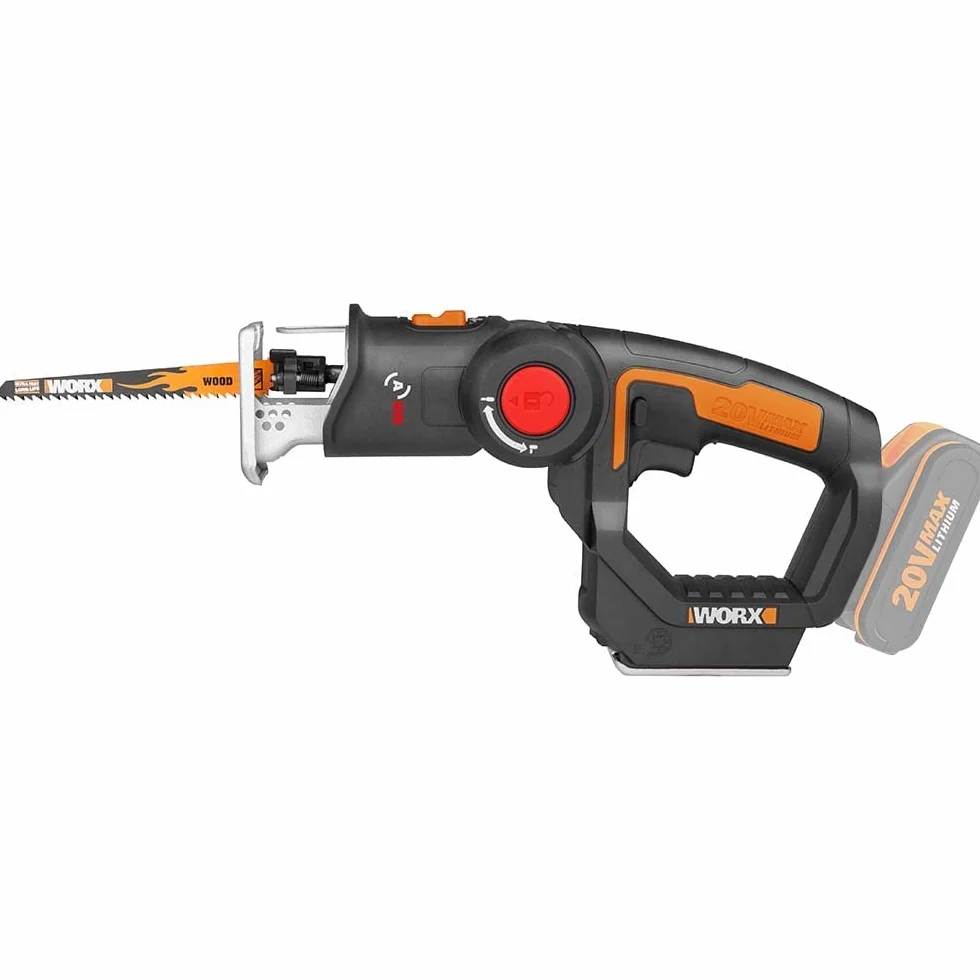 WORX WX550.9 Wyrzynarka do Cięcia Drewna, Stali i PVC, Uniwersalna Pilarka 2 w 1 z Wyrzynarką i Piłą Szablastą oraz Szybkim Przełączaniem, 20 V, z Dmuchawą Pyłu i Mechanizmem Wahadłowym