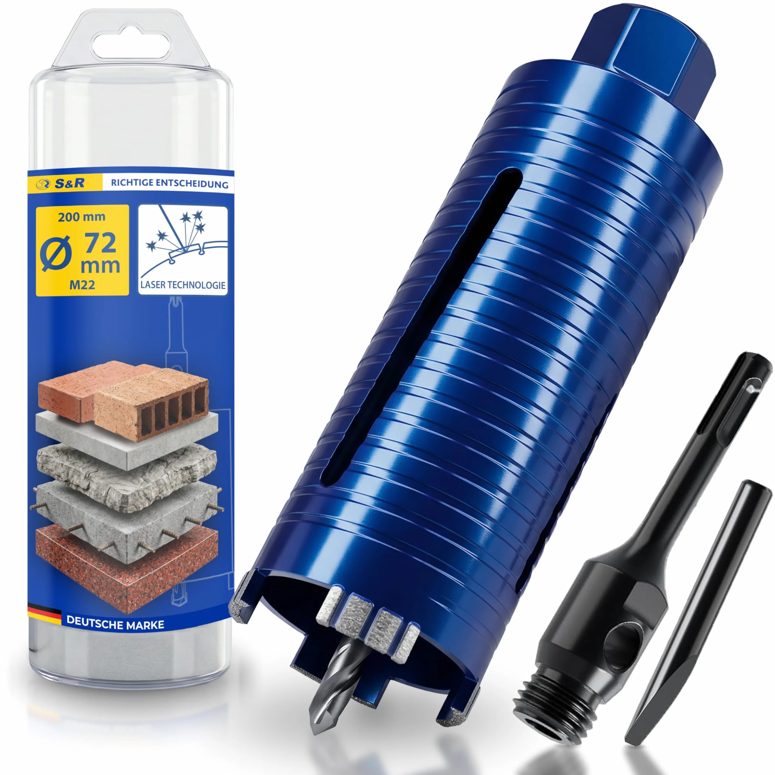 S&R Diamentowa koronka wiertnicza 72 mm, wiertło rdzeniowe M22, długość 200 mm, segment 10 mm, wiertło centrujące, adapter SDS-plus, koronka wiertnicza na sucho, diamentowa koronka wiertnicza do