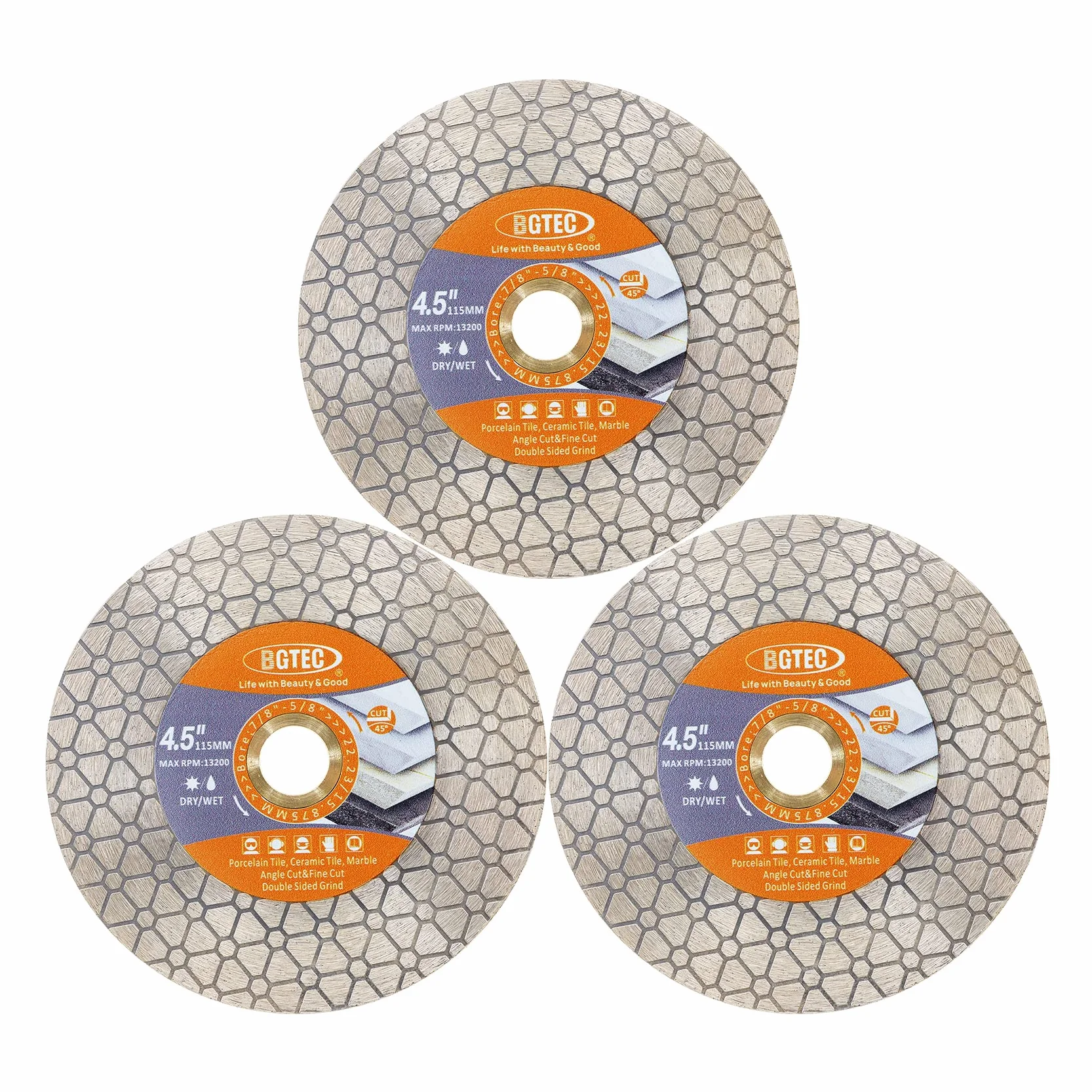 BGTEC Diamentowe brzeszczoty do pił - 115 mm koło tnące do płytek ceramicznych, płytek porcelanowych, marmuru, sztucznego kamienia, trójkąta dwustronnego, 3 szt
