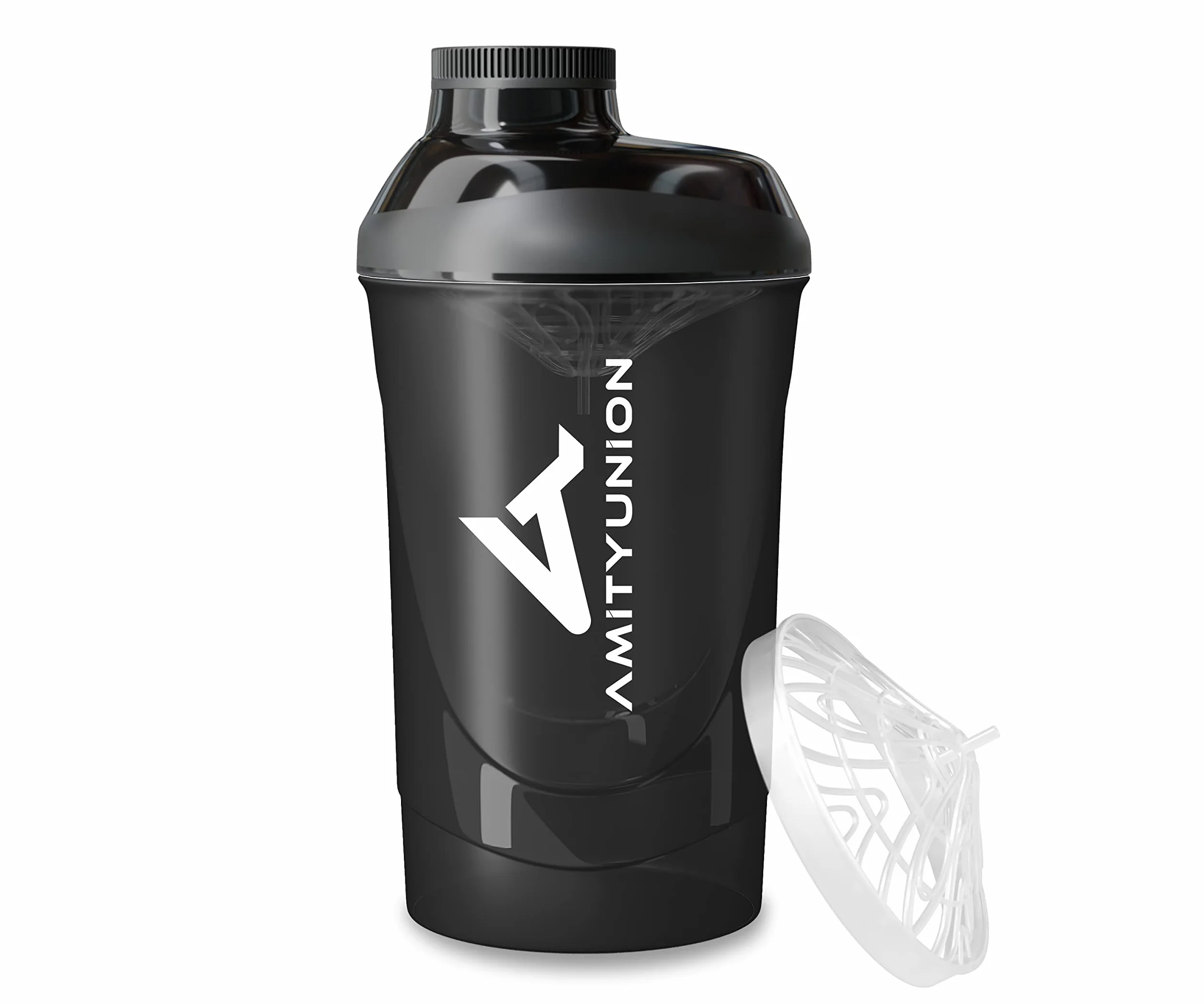 AMITYUNION Protein Shaker 800 ml - Bez BPA z sitkiem i skalą do kremowych shake'ów z białkiem serwatkowym - Kubek fitness na siłownię do izolatów i koncentratów sportowych, (Czarny dym)