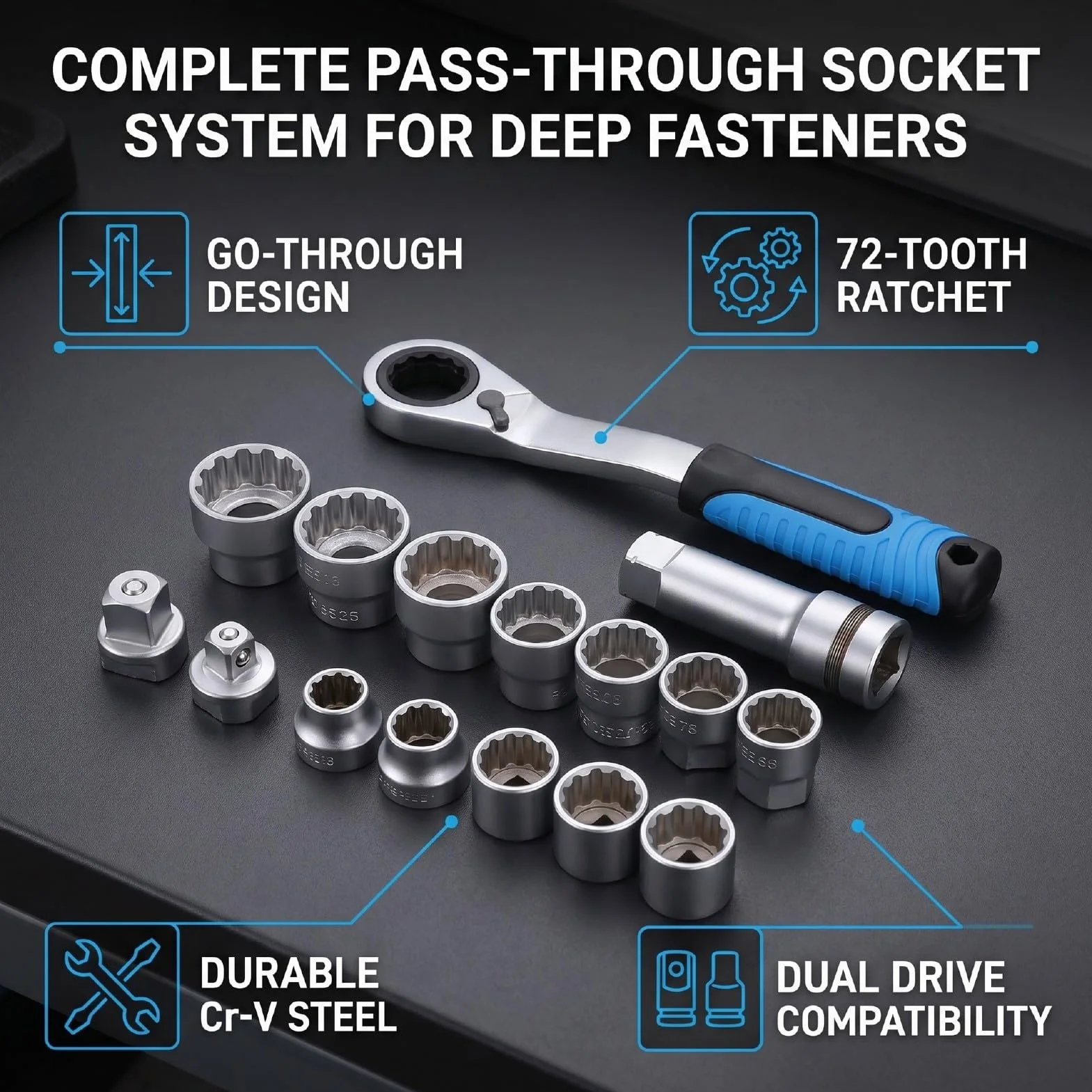 17 szt. Zestaw Nasadek Przelotowych 10-24mm 3/8in 1/2in Adapter Napędu Zestaw Gniazd Głównych, Klucz Grzechotkowy Przelotowy do Naprawy Samochodów Mechaniczne