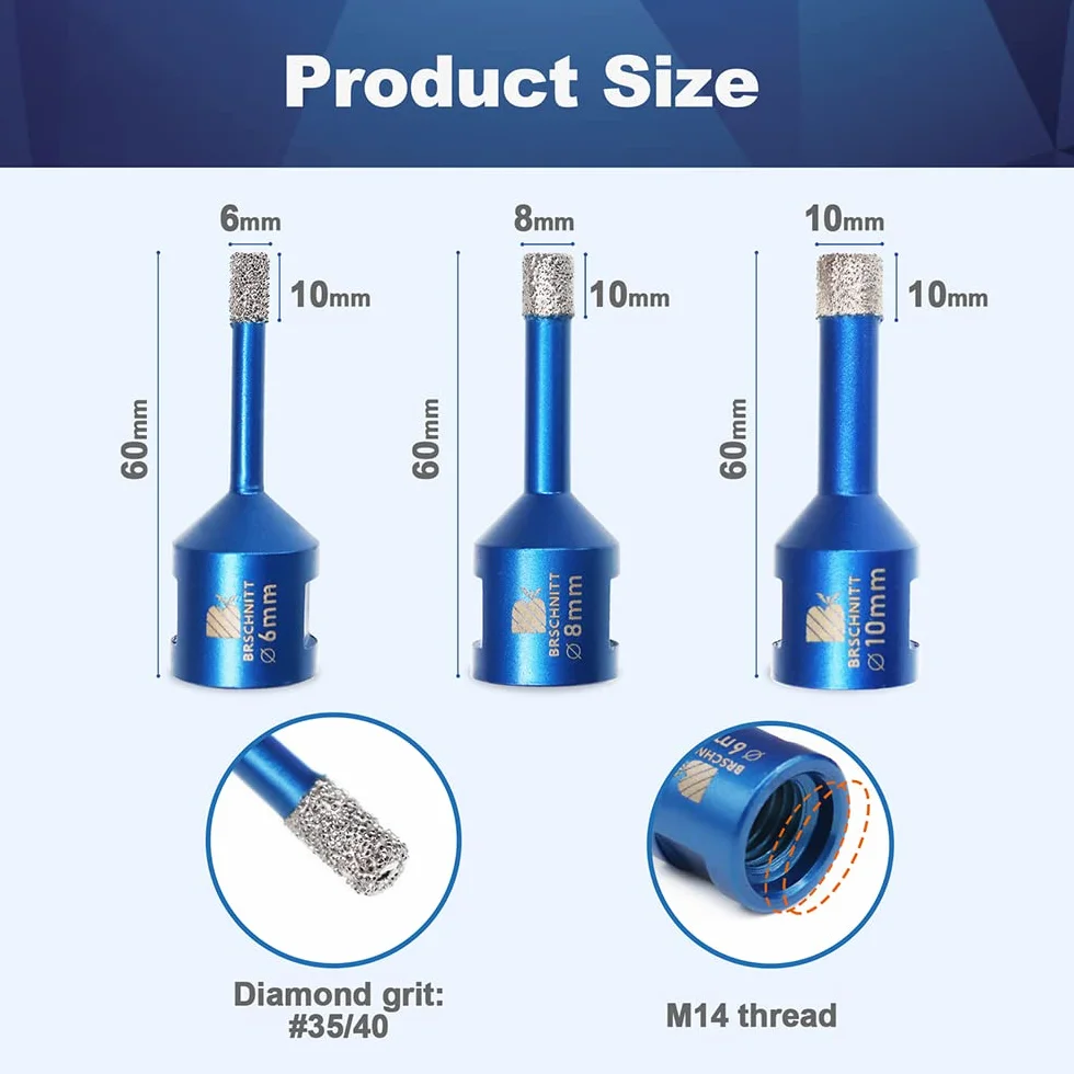 Wiertło diamentowe 6mm 8mm 10mm, BRSCHNITT M14 lutowane próżniowo diamentowe wiertło rdzeniowe Otwornica do płytek kamionkowych gres ceramiczny marmurowy granitowy wiercenie (3 sztuki/zestaw)
