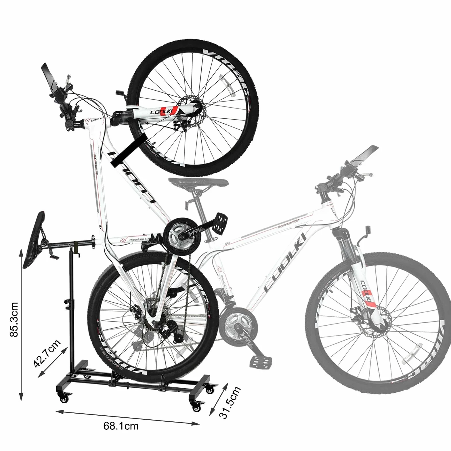 Pionowy stojak rowerowy z zamykanymi kółkami, regulowana wysokość, szerokość opony do 10 cm