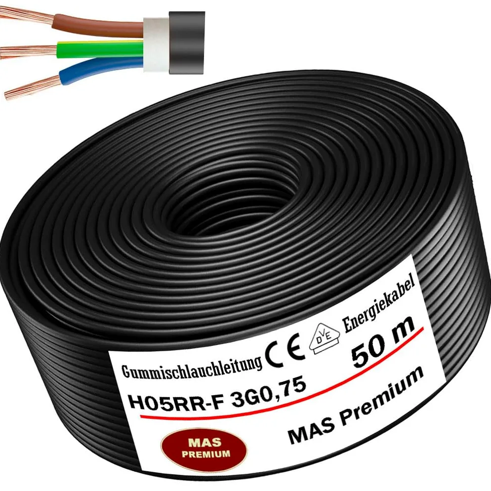 Przewód gumowy od 5 do 100 m, kabel zasilający na plac budowy H05RR-F 3G 0,75 mm², elastyczny przewód do urządzeń ręcznych i lekkich urządzeń (50 m)