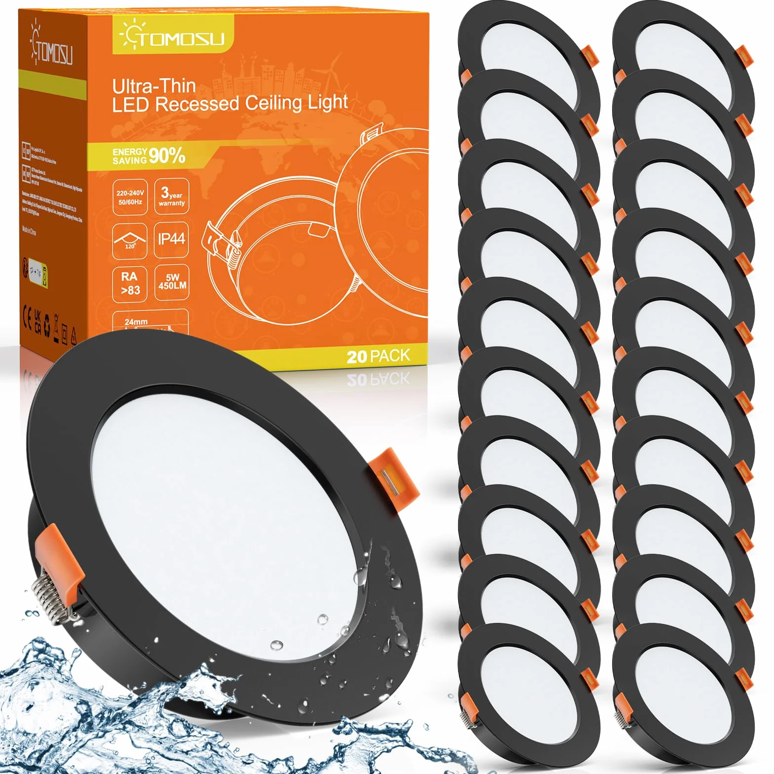 Tomosu 20 sztuk LED reflektorów do zabudowy 230V czarny, 5W 450LM punktowe lampy sufitowe płaskie, ciepła biel 2700K-3000K, IP44 LED punktowe lampy sufitowe do łazienki, kuchni, salonu, okrągłe