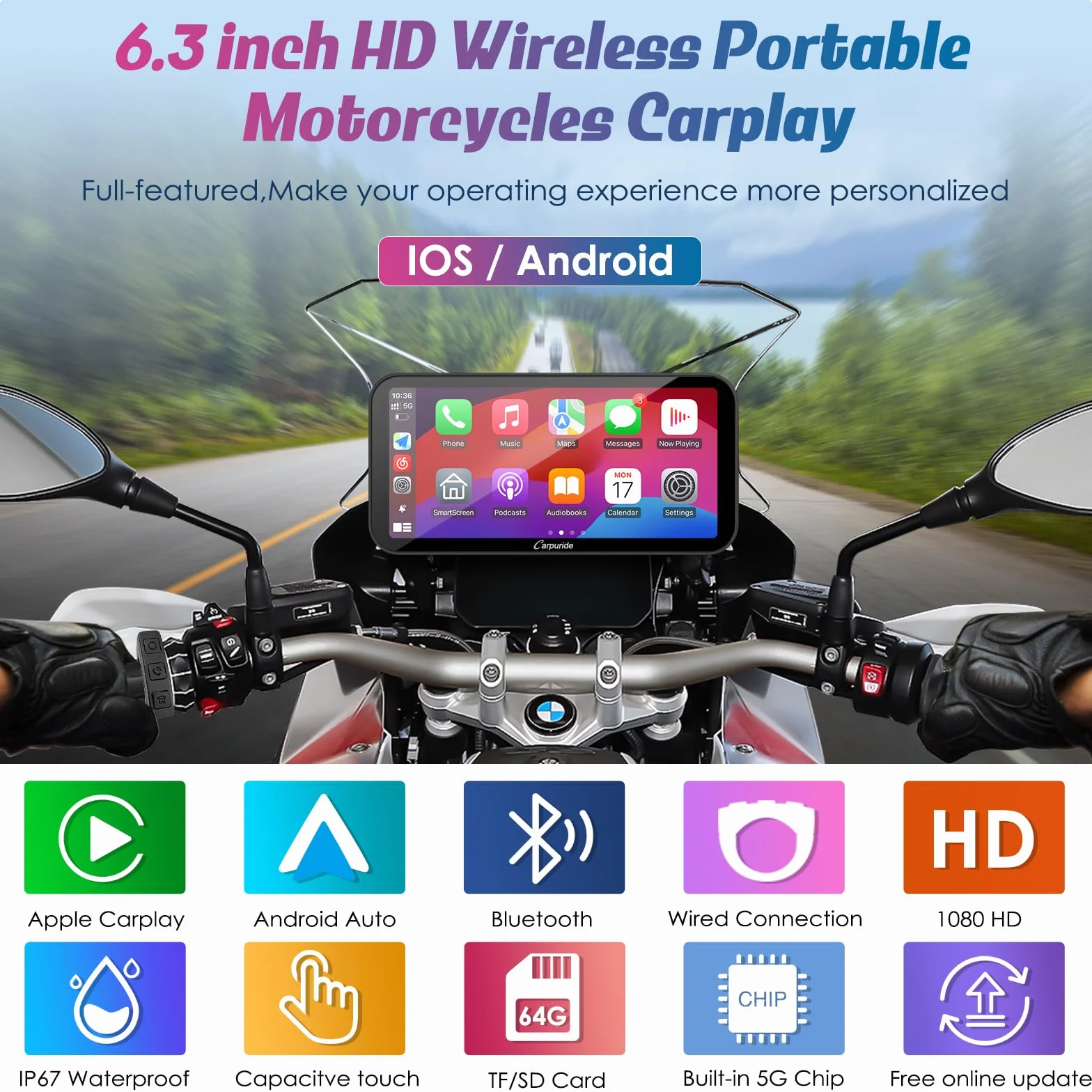Carpuride W603B BMW R1200GS R1250GS S1000XR Motocykl Carplay Ekran Wodoodporny 6,3-calowy Dotykowy Nawigacja GPS Android Auto Przenośny