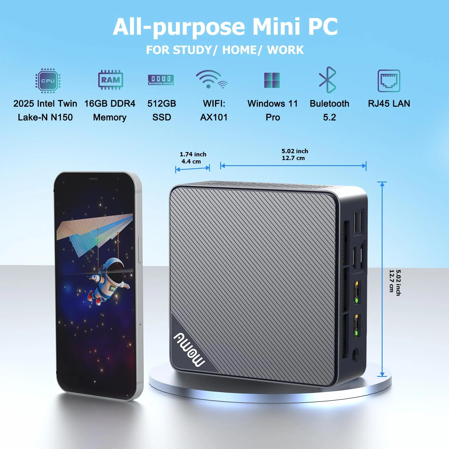 AWOW Mini PC W-11 Pro Twin Lake-N N150 Quad Core 3.60 GHz 16 GB DDR4 512 GB SSD Dual Display HDMI DP 4K@60 Hz Dual RJ45 Gigabit Ethernet