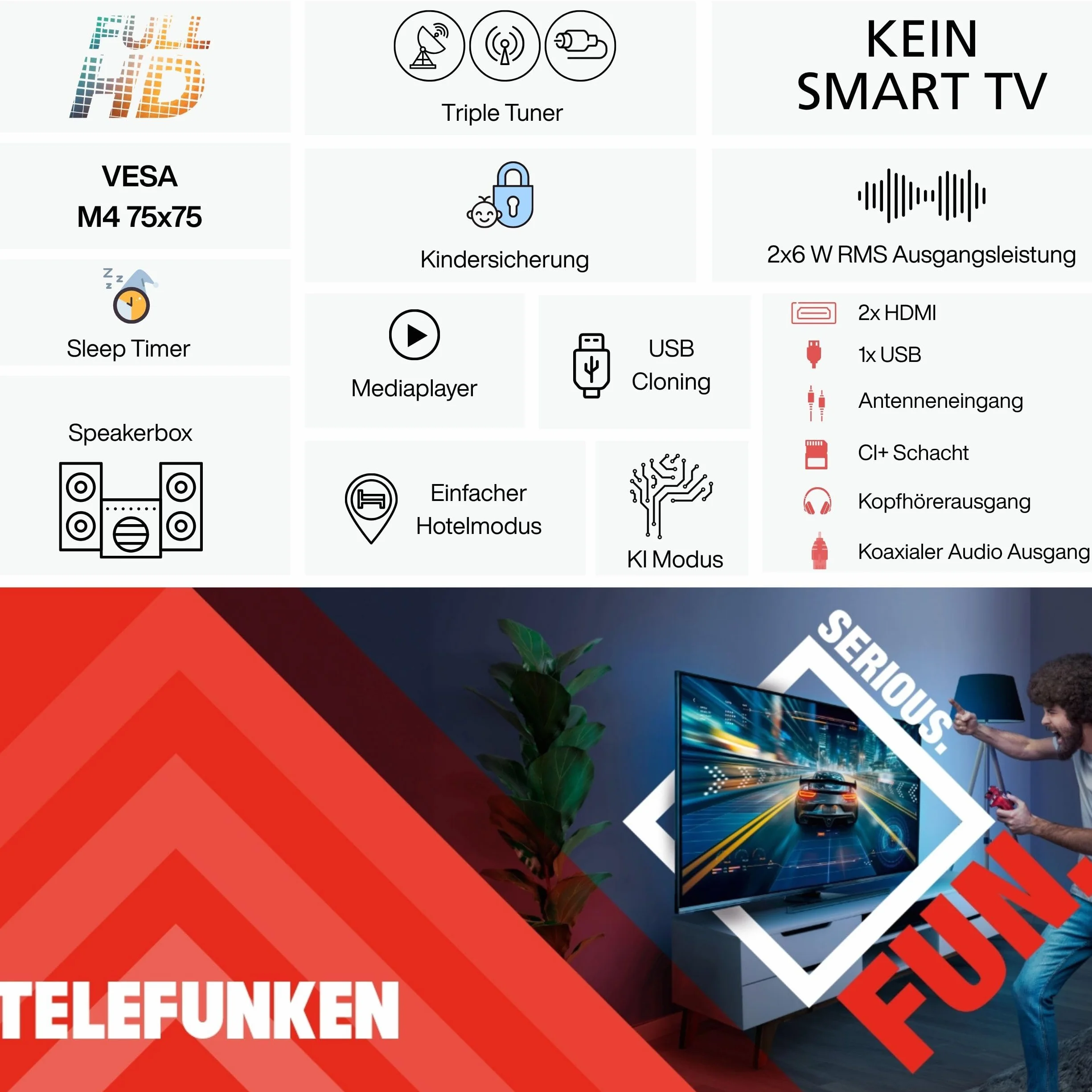 TELEFUNKEN XF40P900S 40" telewizor LED Full HD (1920 x 1080 pikseli) z ekranem o przekątnej ekranu 100 cm i wbudowanym potrójnym tunerem (2026)