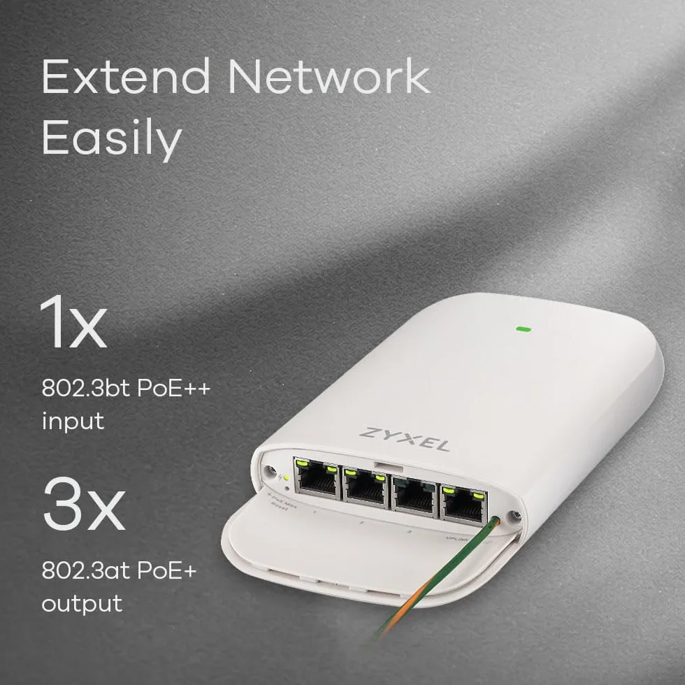 Zyxel 4-portowy Gigabit PoE Extender | IEEE802.3af/at/BT Standard | 1-Port 60 W in 3-Port 30W Out | Indoor & Outdoor | Nebula Cloud [POE12-3PD]