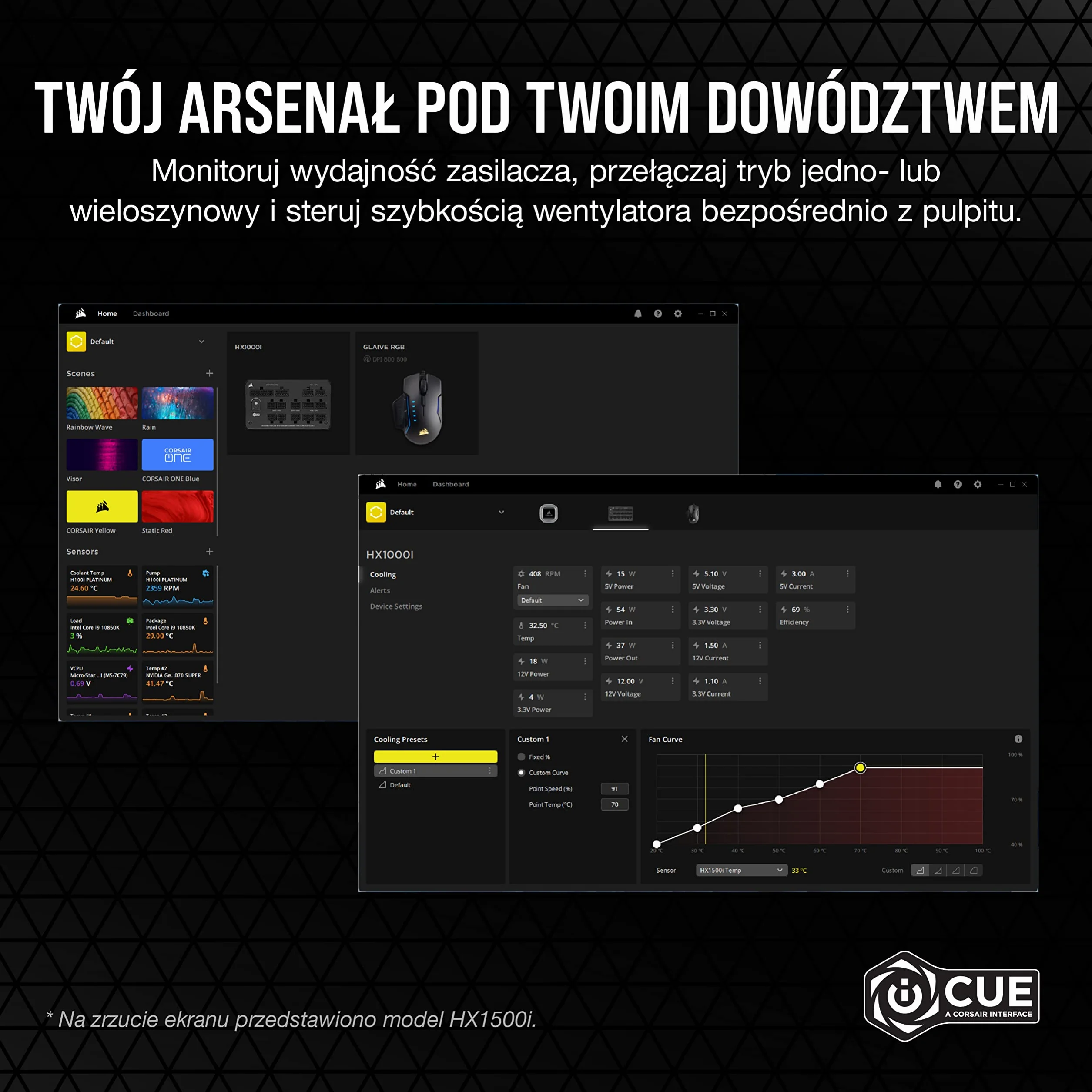 Corsair HX1000i W Pełni Modułowy Ultracichy Zasilacz - Zgodny z ATX 3.1 i PCIe 5.1 – Dynamiczne Łożysko Olejowe – Działa z Oprogramowaniem CORSAIR iCUE – Wydajność 80 PLUS Platinum - Czarny