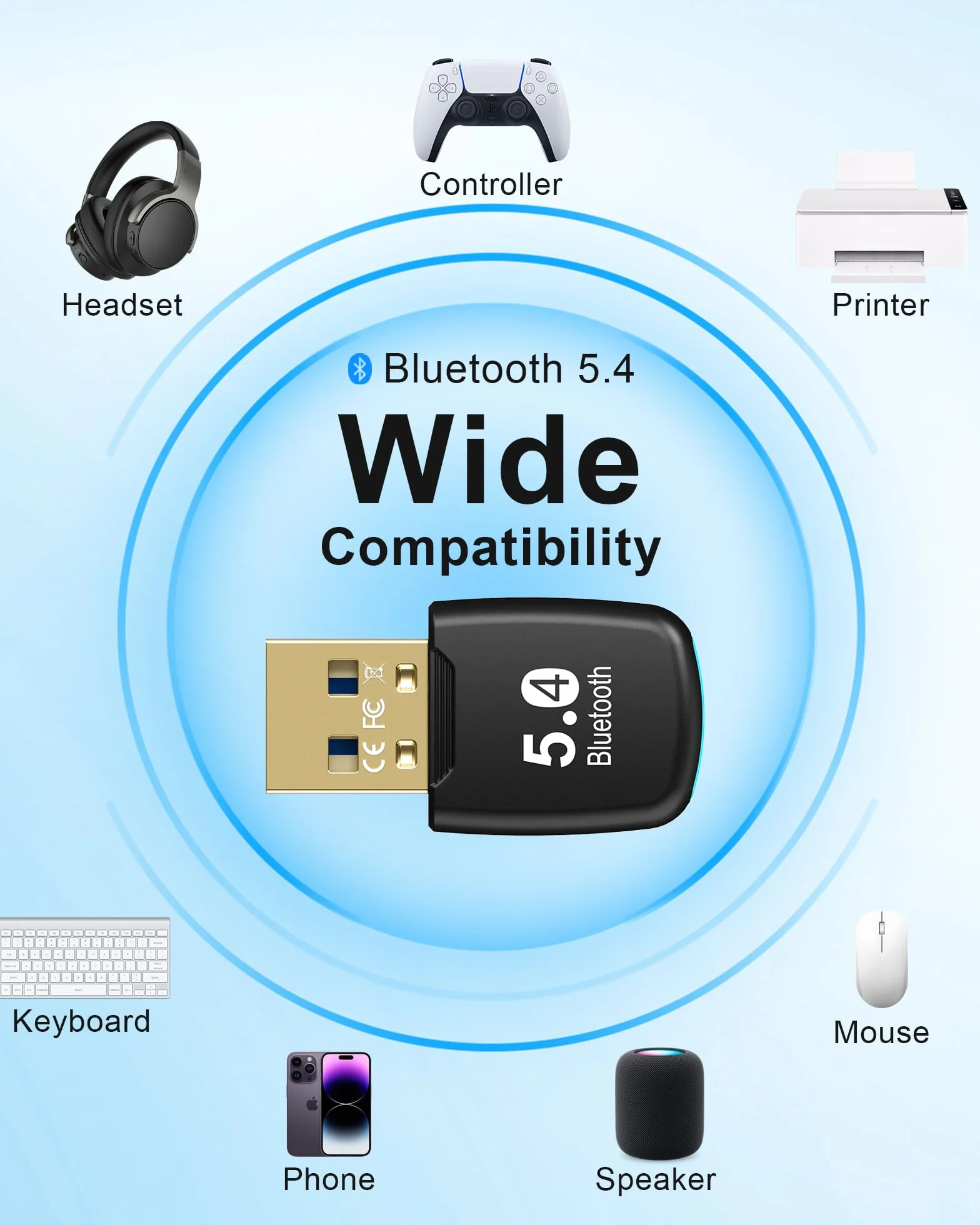 Adapter USB Bluetooth 5.4, RENGOGA Bluetooth do adaptera Dongle PC, odbiornik USB do kontrolera klawiatury myszy słuchawki dla Windows 11/10/8.1/7