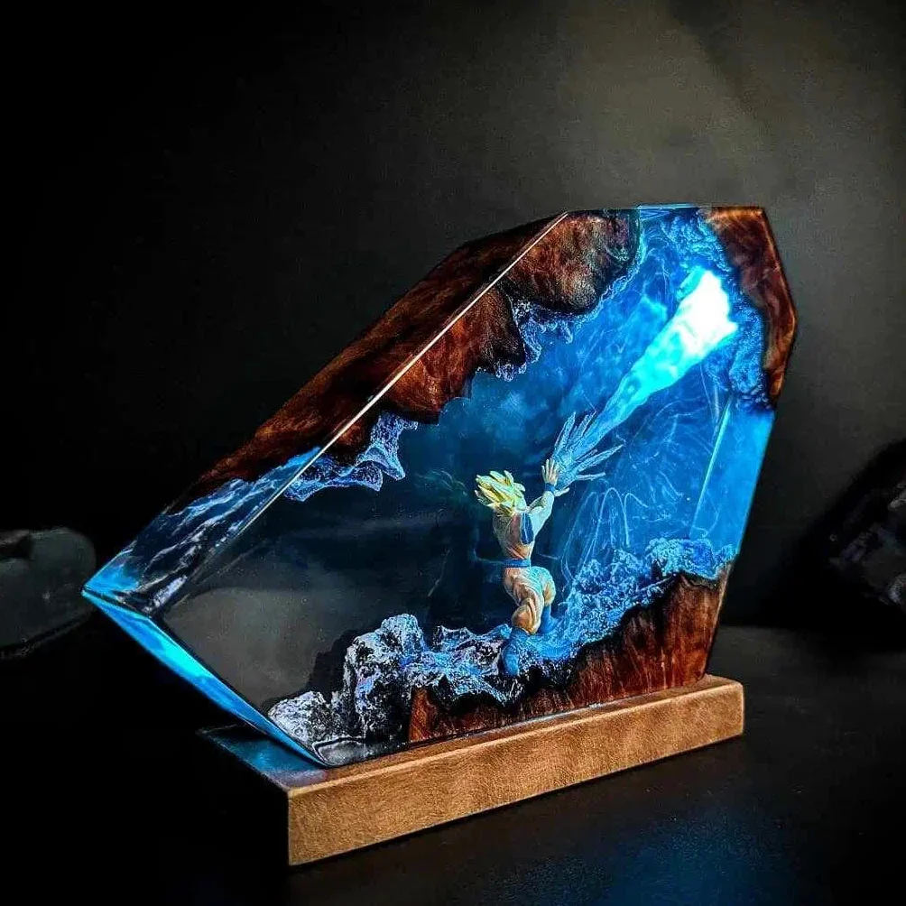 Lampka nocna 3D z żywicy Dragon Ball, żywicowy pomnik Son Goku z drewnianym cokołem, lampka nocna z kablem USB i 16 kolorową zdalnie sterowaną wielokolorową lampą LED, sztuka sztuki do biurka