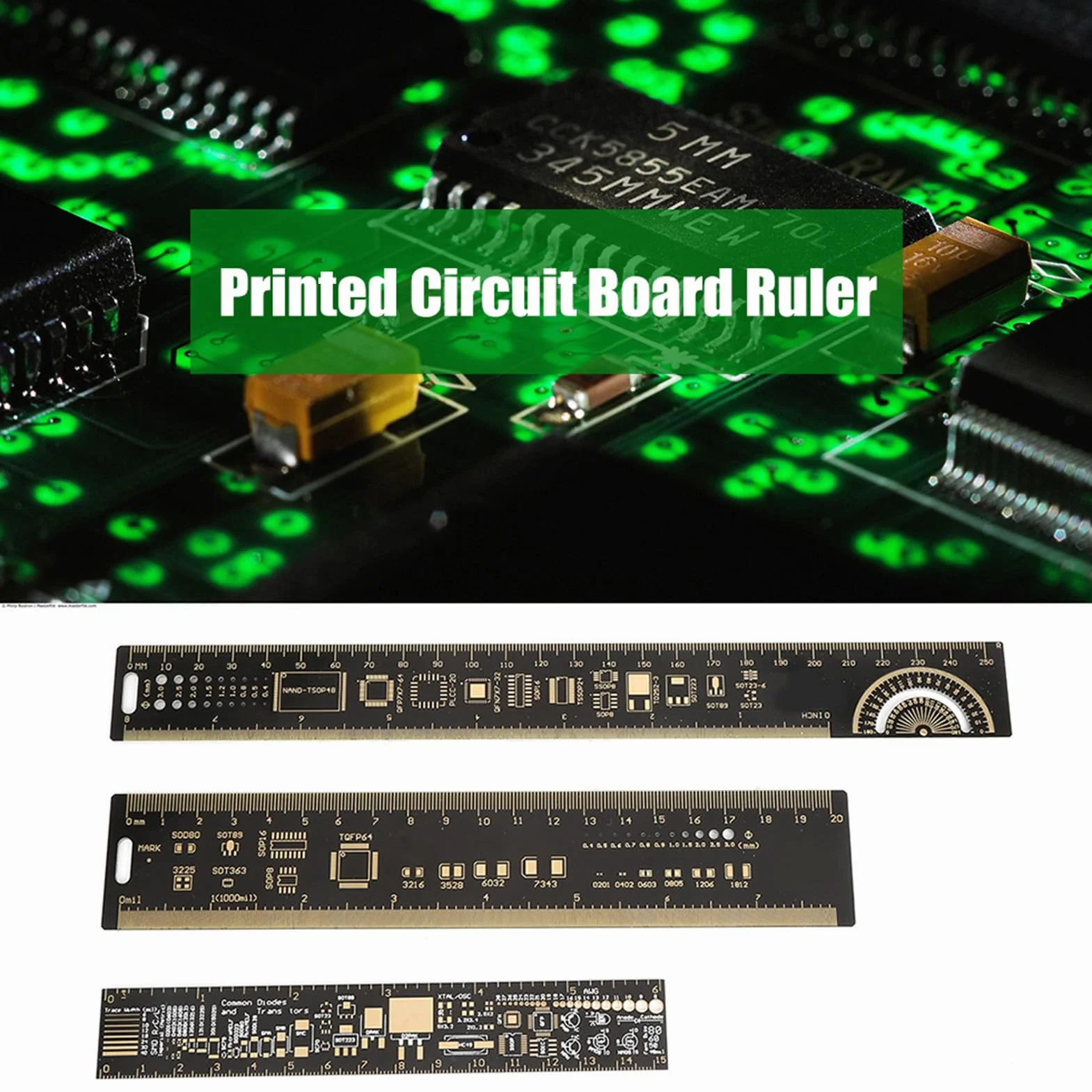 Marhynchus Wielofunkcyjna linijka PCB 15/20/25 cm narzędzie pomiarowe dla elektroników – zintegrowane wielofunkcyjne narzędzie z tworzywa sztucznego – 26 cm
