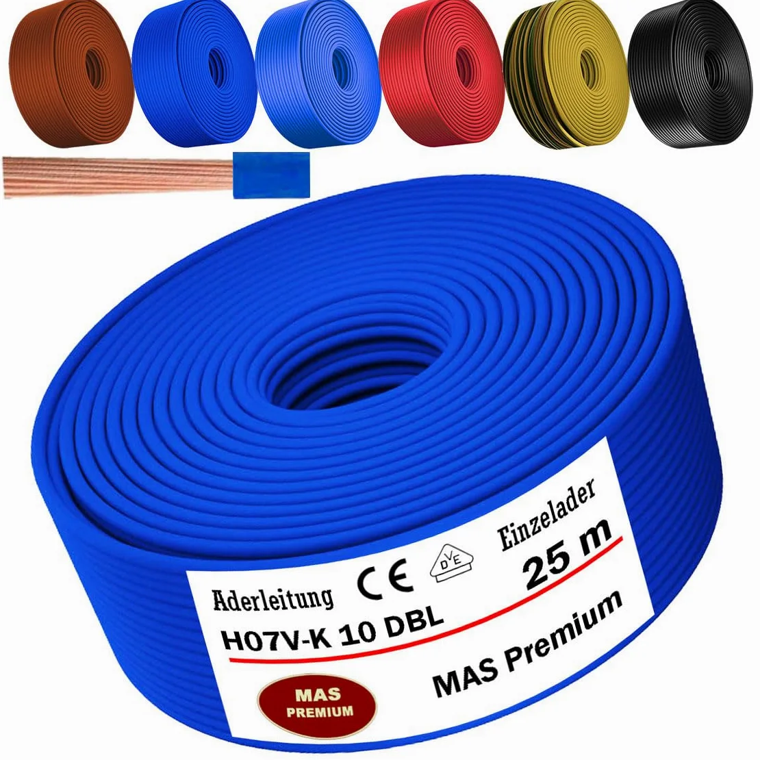 MAS Premium Przewód żyłowy od 5 do 100 m H07 V-K 10 mm², czarny, brązowy, ciemnoniebieski, zielono-żółty, jasnoniebieski lub czerwony, elastyczny (ciemnoniebieski, 25 m)