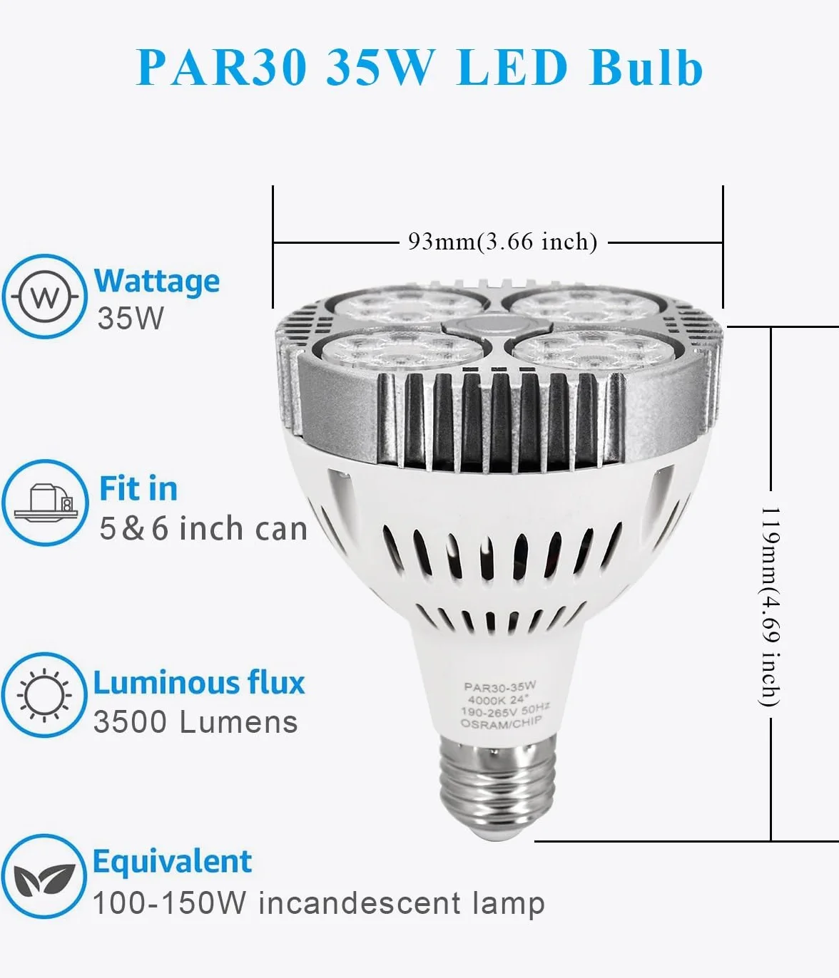 Super jasna żarówka LED PAR30 35 W, reflektor szynowy E27 z wentylatorem do oświetlenia wpuszczanego, 1 opakowanie(4000K Natural White)