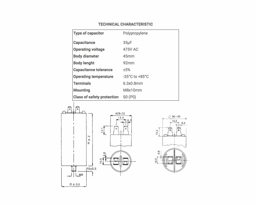 Kondensator silnika DUCATI ENERGIA 35uF 475V Ø45x92mm