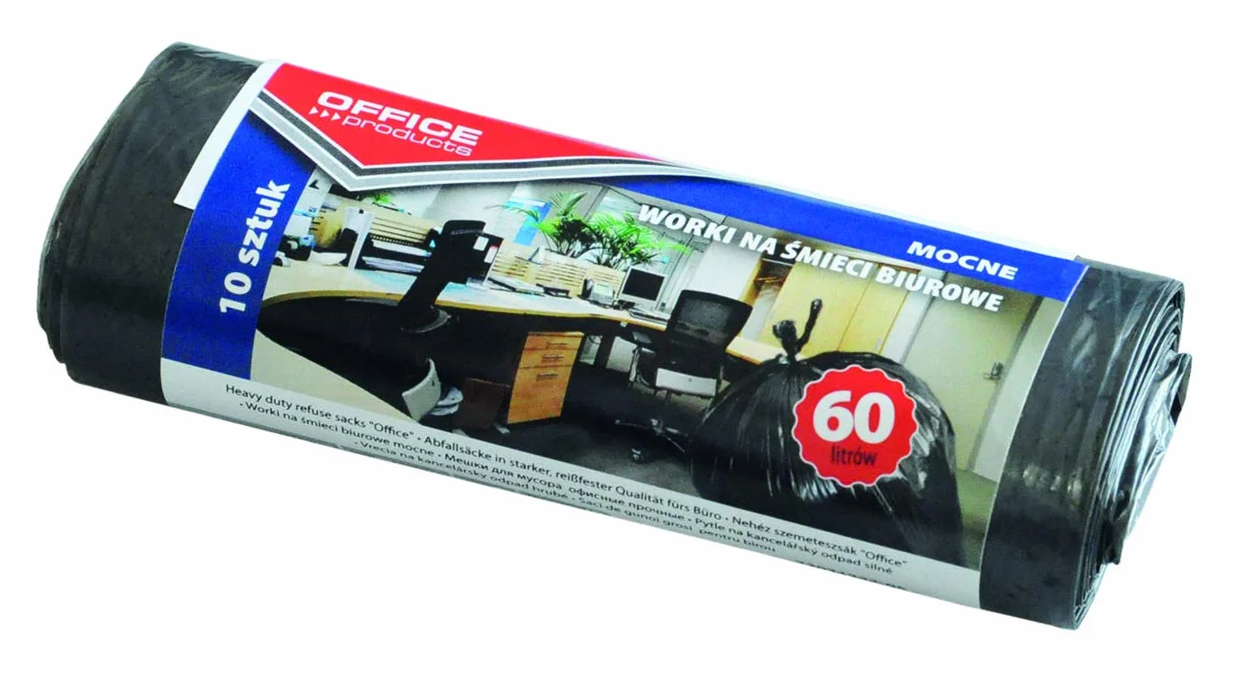 Office Products 2202122-05 worki na śmieci 60 l – 10 sztuk grubych LDPE | worki na śmieci, worki na śmieci, worki na odpady domowe do biura | kolor: czarny | grubość folii: 19 μm