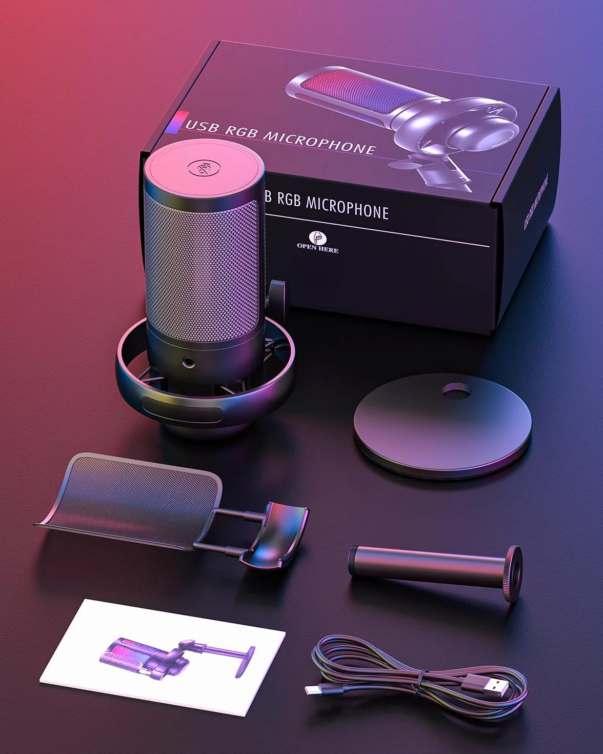 Anykuu Mikrofon Pojemnościowy RGB 24-bit/192 kHz do Gier z Wyciszeniem Jednym Klawiszem USB