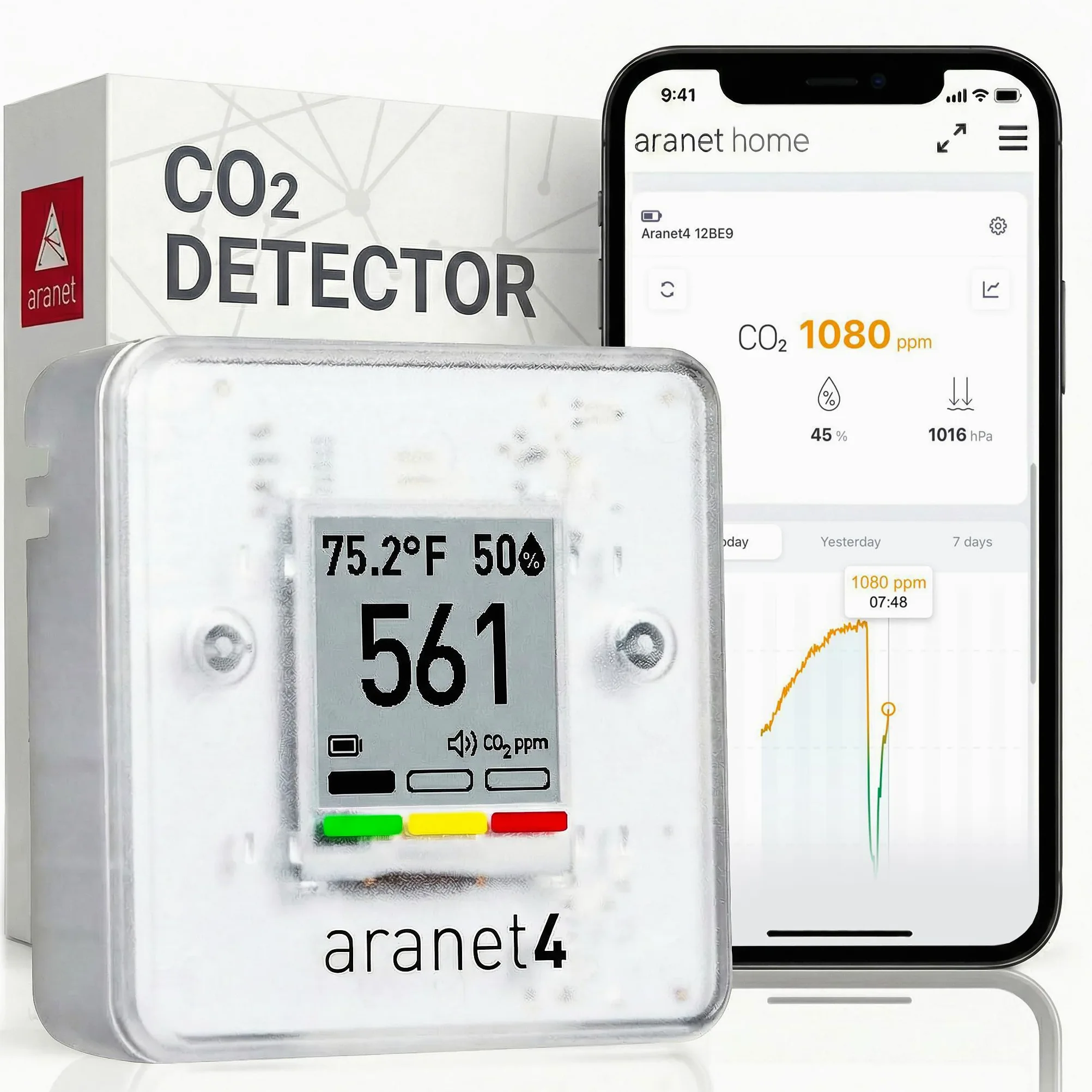 SAF Aranet4 Home: Bezprzewodowy monitor jakości powietrza do domu, biura lub szkoły [CO2, temperatura, wilgotność i inne] przenośny, zasilany bateriami, ekran e-ink, aplikacja do konfiguracji i historii danych