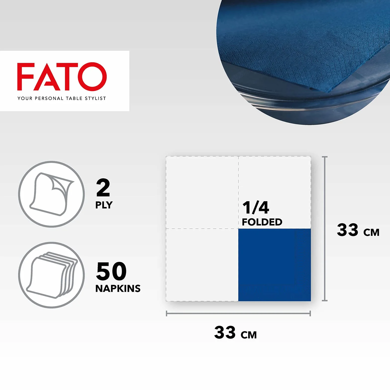 FATO jednorazowe serwetki papierowe, idealne na obiady i bufet, opakowanie 50 serwetek, rozmiar 33 x 33, złożone w 4, 2 welony, kolor niebieski noc, papier 100% czysta celuloza, certyfikat FSC