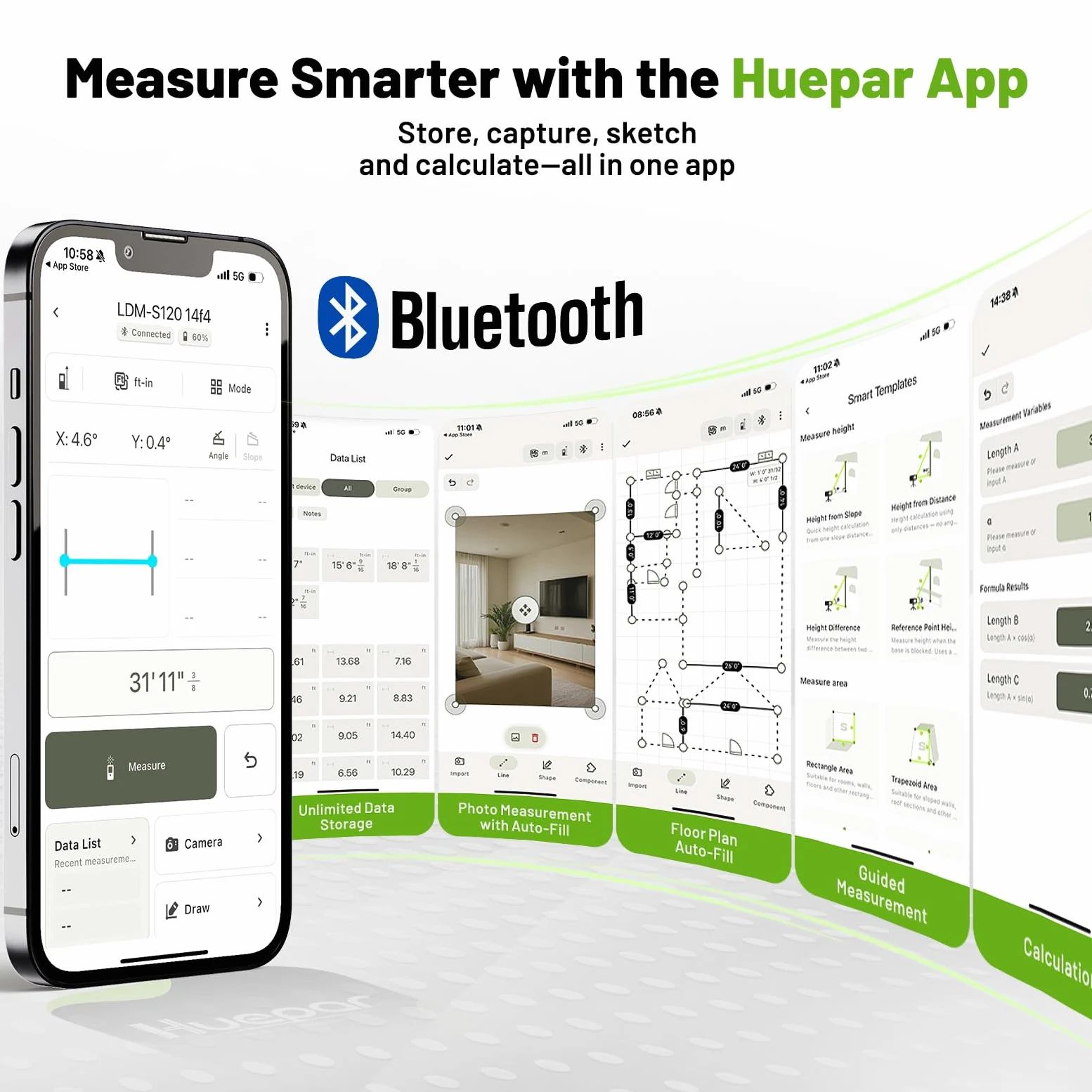 Huepar Laser Distance Measure 328Ft(100M) with Rechargeable Battery & Dual Angle Display, Laser Measure M/In/Ft with Mute Function & Multi-Measurement Modes, Pythagorean, Distance, Area&Volume-S100
