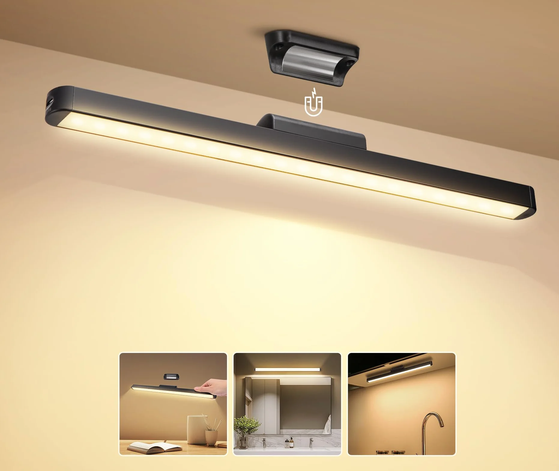 Aigostar Bezprzewodowa Lampa nad Lustro LED - Magnetyczny Kinkiet do Makijażu, Ładowany USB, Regulacja Kąta i Jasności, 4000K Neutralna Biel, do Szafy i Łazienki, Czarna