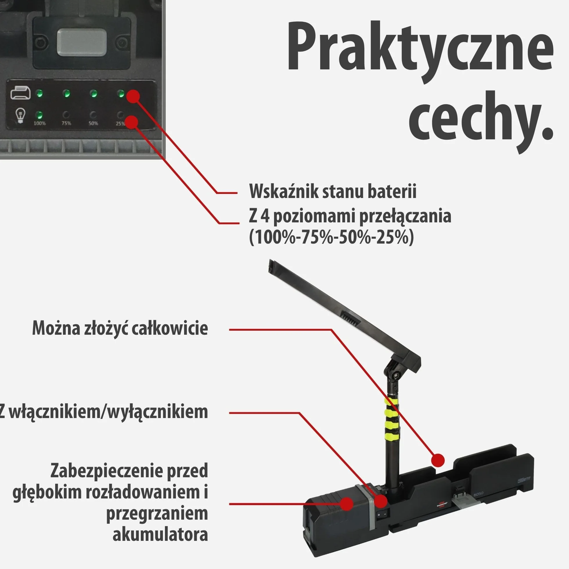 Brennenstuhl Multi Battery LED Akku Teleskopowa lampa robocza 6050 MA (7700lm, IP54, kompatybilny z akumulatorami 18V od 10 różnych producentów, bez baterii, Engineered in Germany)