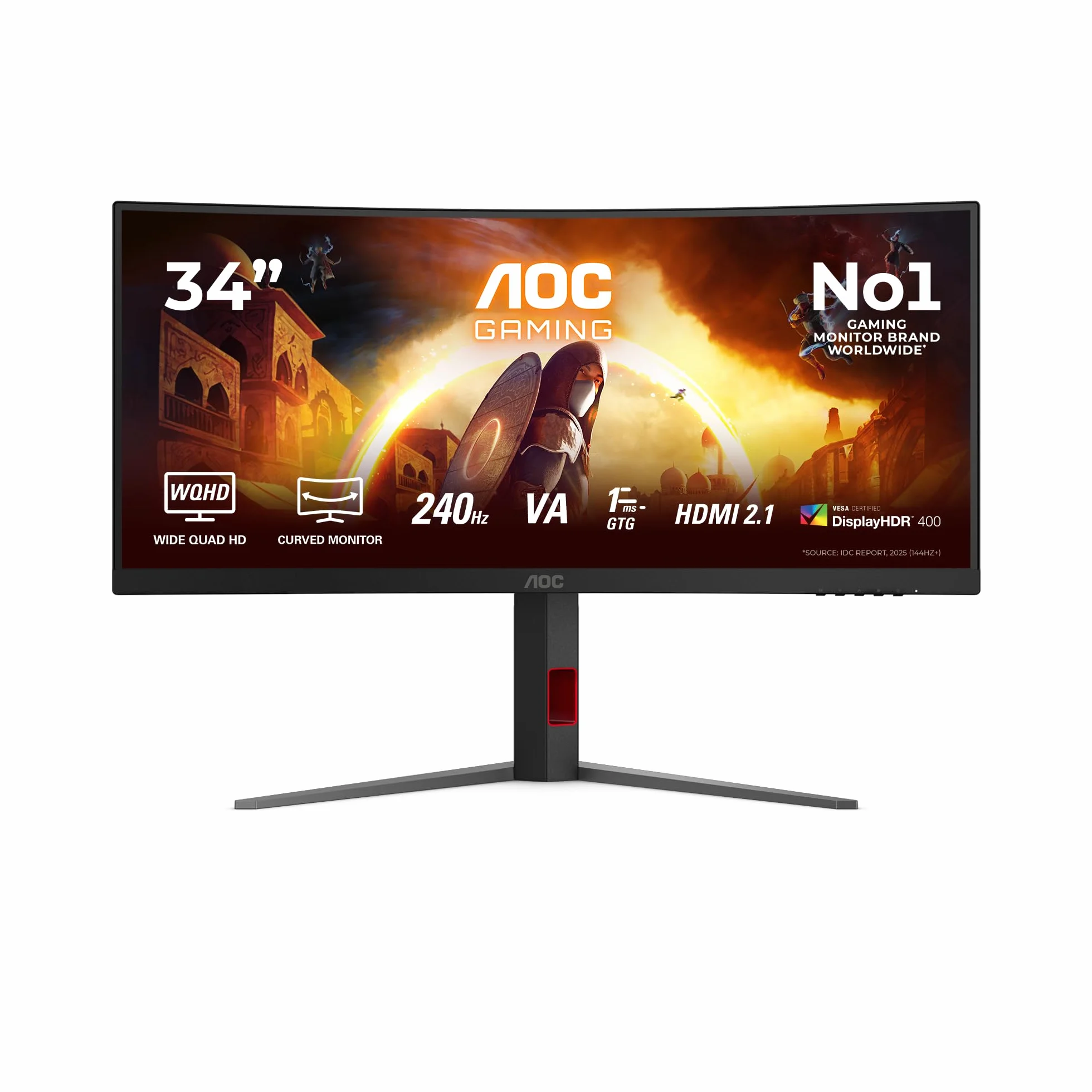 AOC Gaming CU34G4Z - 34-calowy zakrzywiony monitor WQHD, 240 Hz, FreeSync Prem., HDR400 (3440x1440, 1ms GtG, 2X HDMI 2.1, 1x DisplayPort 1.4, Hub USB) Czarno-czerwony