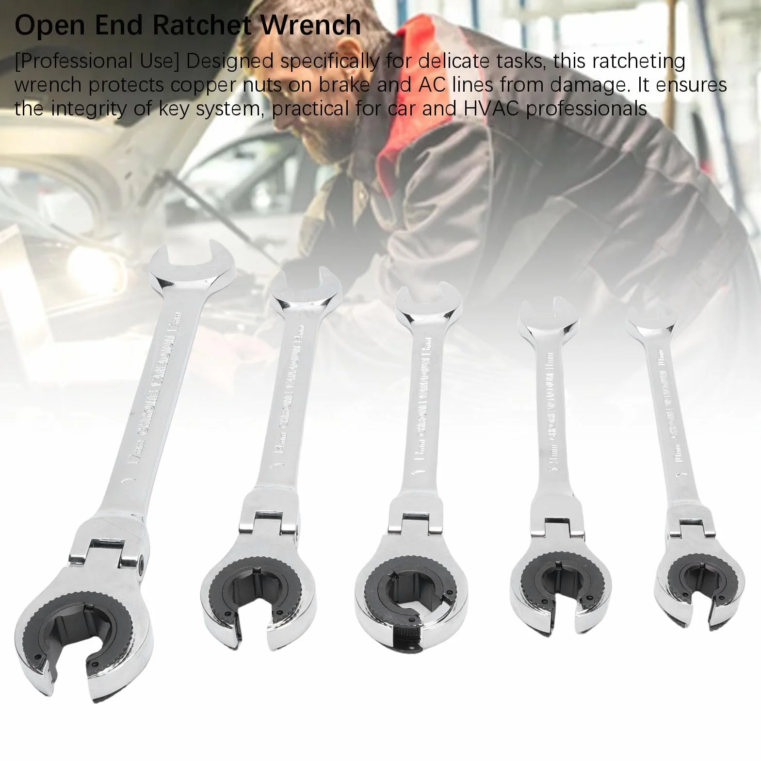 Generic 5 Szt. Dwustronnych Kluczy Zapadkowych z Elastyczną Głowicą, 10 11 13 14 17 mm Stal CR V 72 Zęby Regulowany Klucz Zapadkowy do Rur 180 Stopni