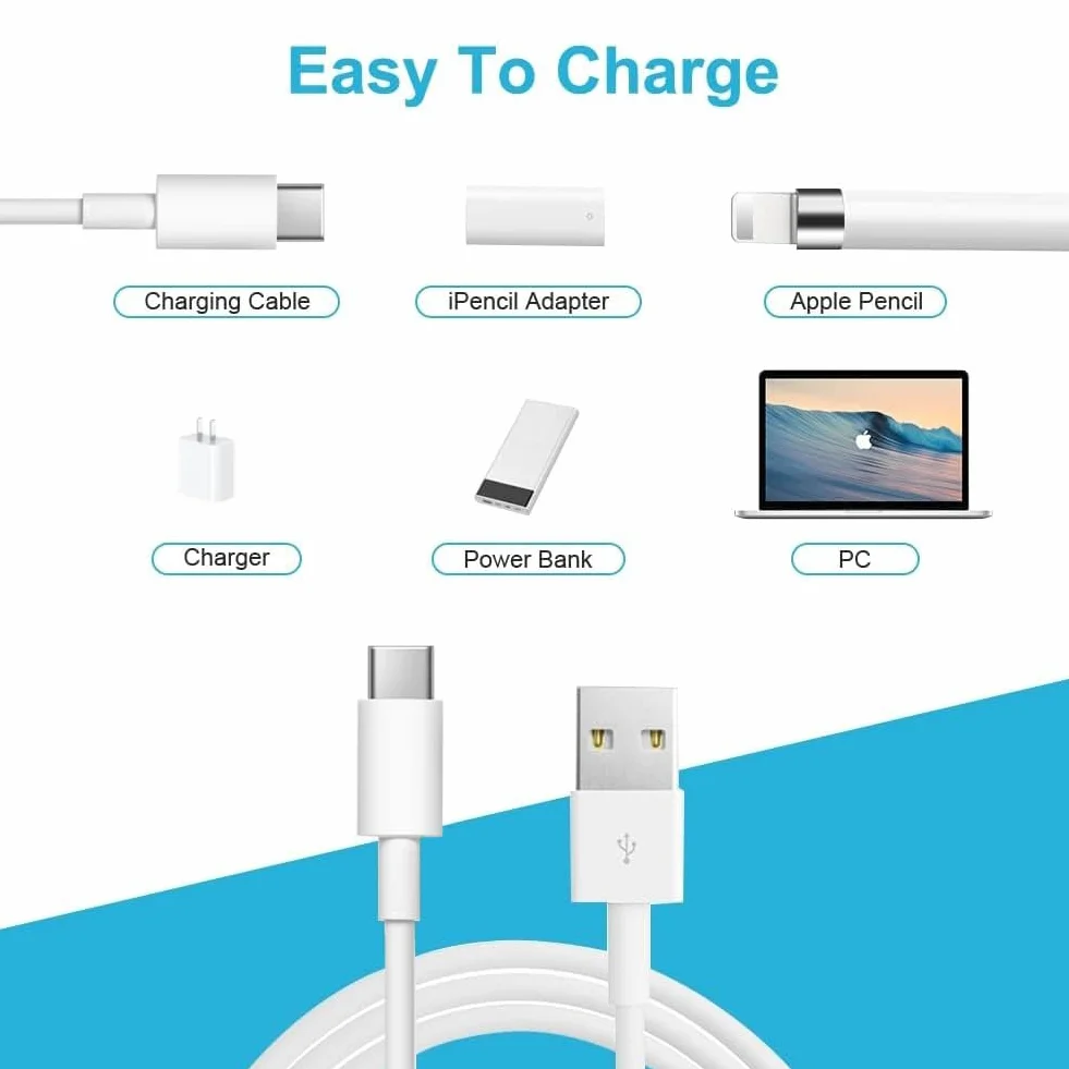 flintronic Kabel do ładowania Apple Pencil, adapter do ładowania typu C, wtyczka kompatybilna z Apple Pencil 1. generacji, kompatybilny z iPad Pro 12,9" 10,5" 9,7" iPad Air 3. generacji
