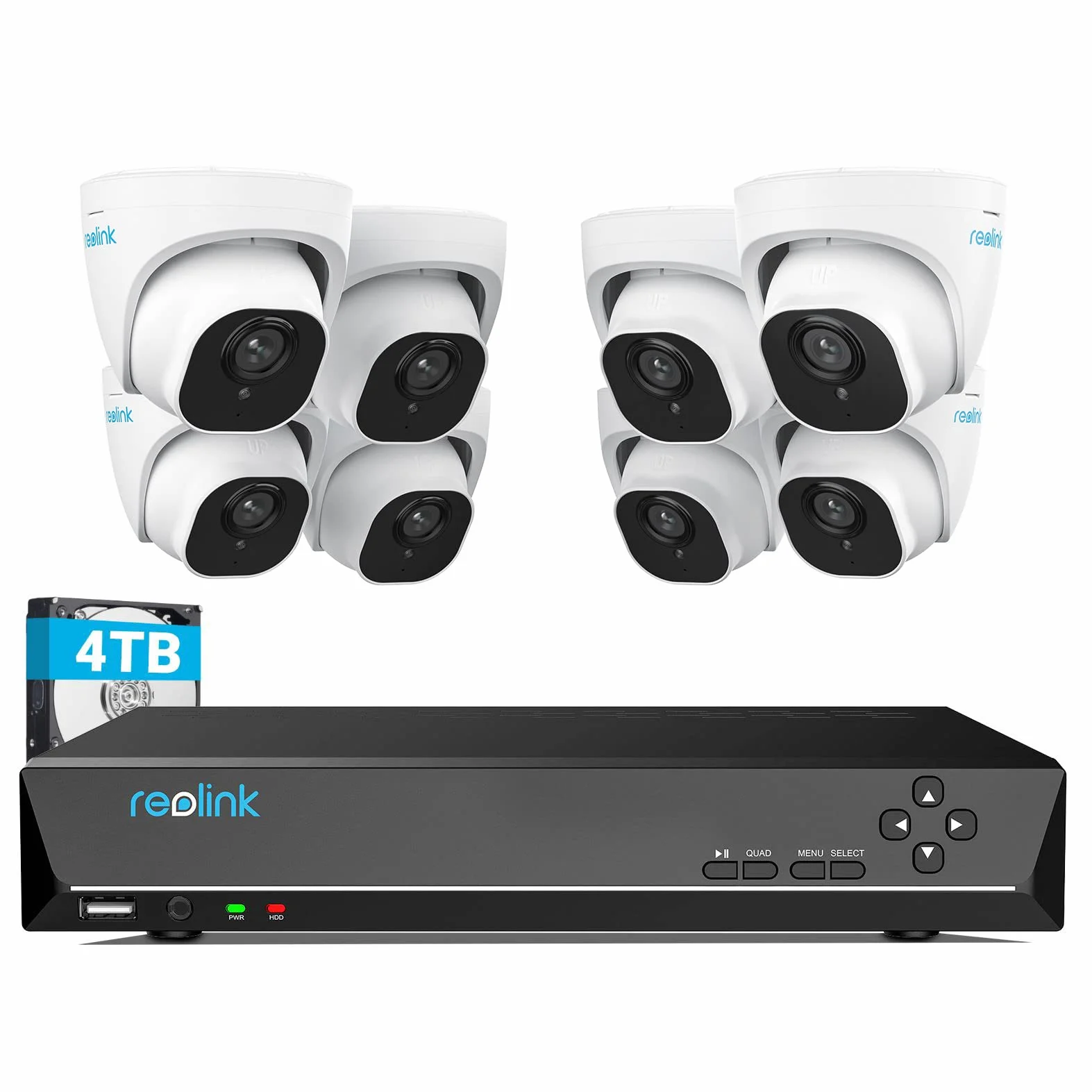 Reolink Zestawy kamer CCTV 16CH 4K PoE, 8-częściowe kamery IP 8MP wykrywanie osób/pojazdów Zewnętrzne, H.265 4K NVR, HDD 4TB, wodoodporne nagrywanie całodobowe noktowizja, RLK16-800D8-A
