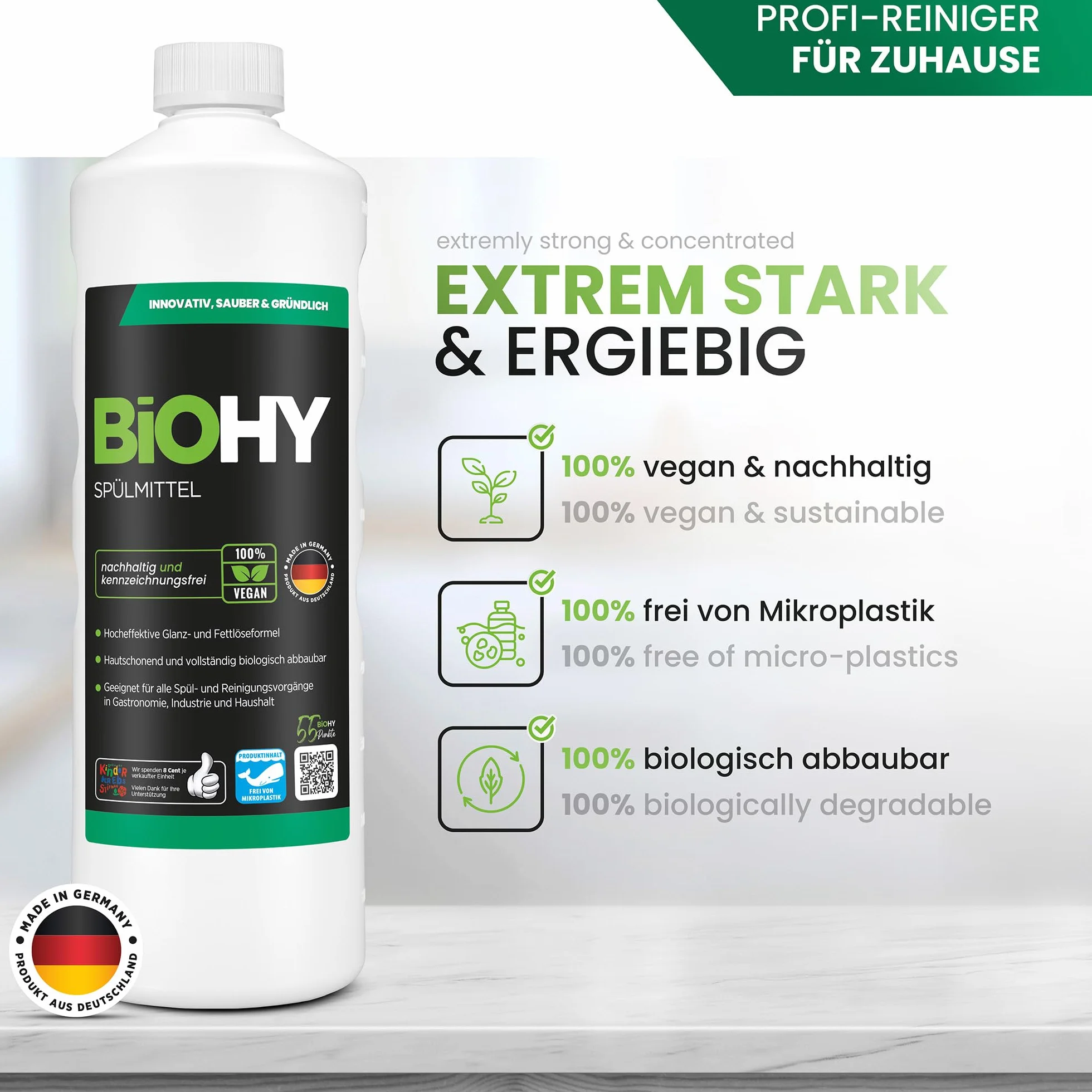 BiOHY Detergent do mycia naczyń (3 x butelka 1l) | Wolne od szkodliwych chemikaliów i biodegradowalne | Formuła nabłyszczająca i odtłuszczająca (Spülmittel)
