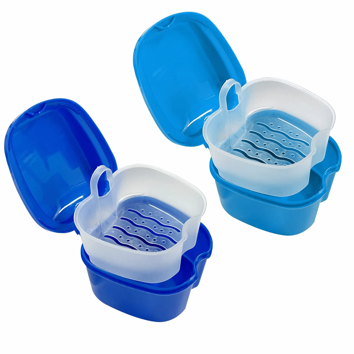 2 plastikowe pudełka do przechowywania protez (ciemnoniebieskie i jasnoniebieskie), pudełko do przechowywania i czyszczenia aparatów ortodontycznych, pudełko do kąpieli i pielęgnacji protez z filtrem