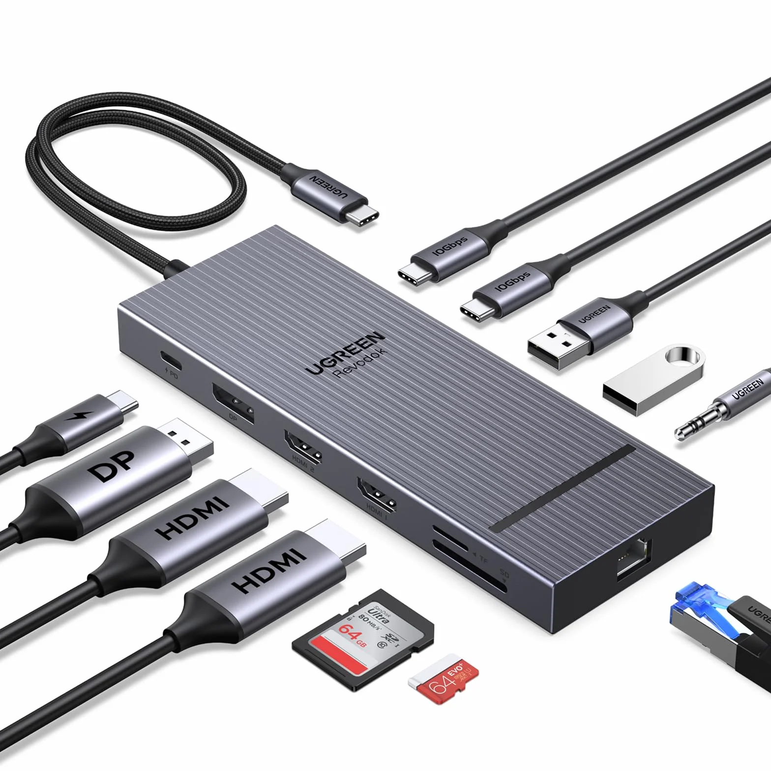 UGREEN Revodok Pro Stacja dokująca 3 wyświetlacze HDMI 4K 60Hz DisplayPort 4K 120Hz USB-C 10 Gb/s USB-A SD TF LAN audio 100W PD