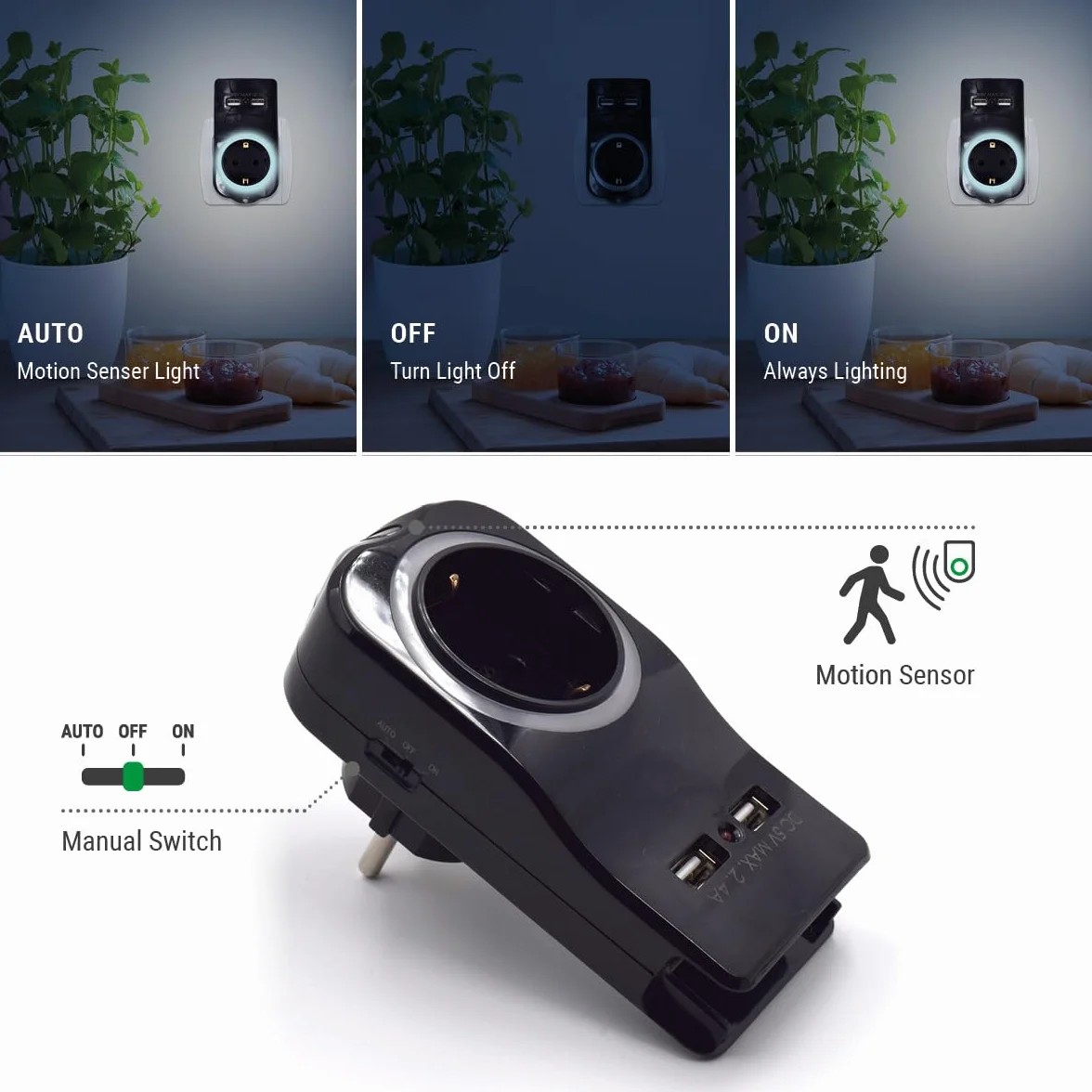 Podwójna wtyczka do gniazdka z USB, gniazdo wtykowe z 1 zestykiem ochronnym 16 A i 2 wtyczkami sieciowymi USB, adapter do laptopa/smartfona, multiplug do domu i biura, wskaźnik LED, czujnik dnia i