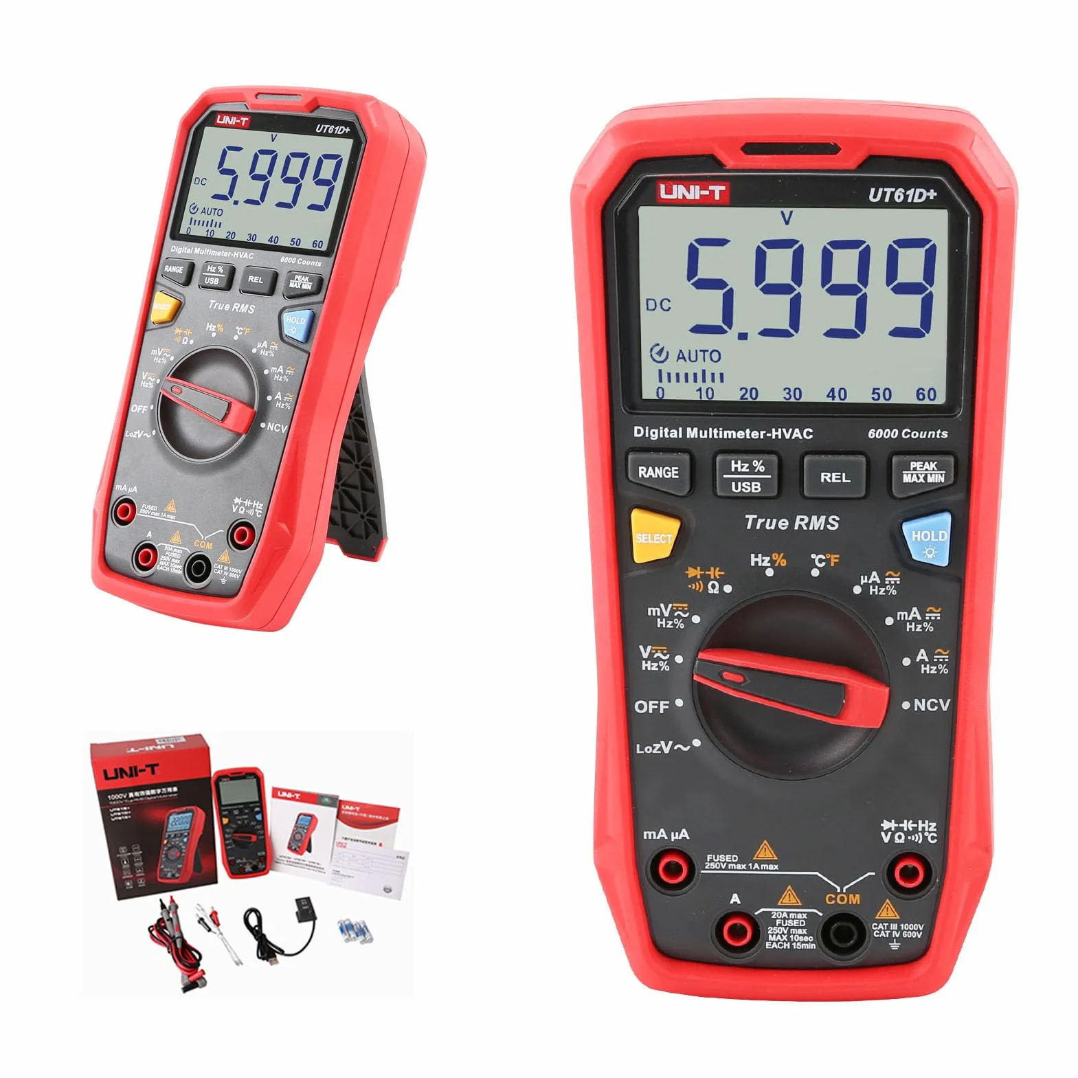 UNI-T UT61D+ 1000V 20A Multimetr cyfrowy 6000 zliczeń True RMS napięcie AC/DC prąd opór pojemność tester