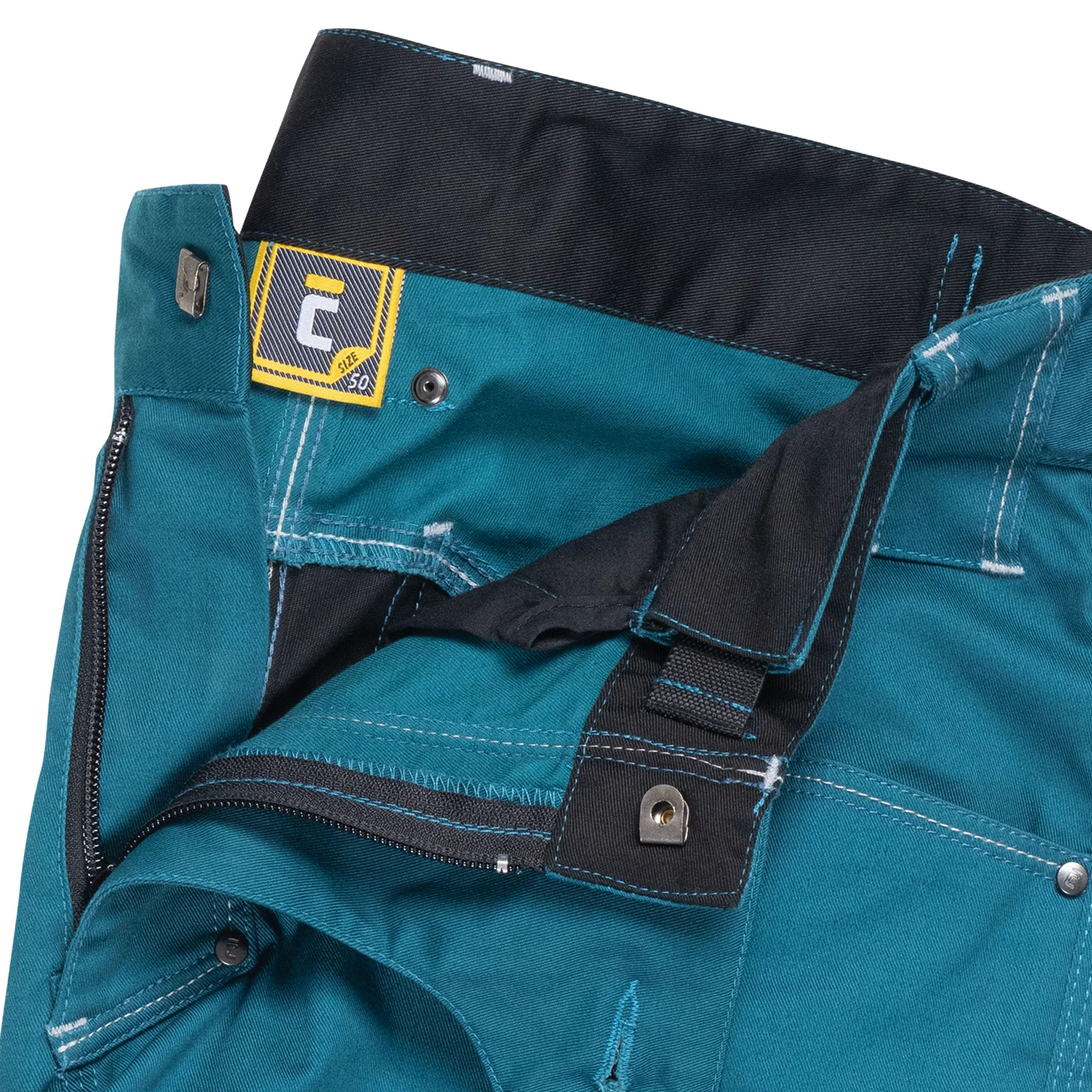 CERVA Neurum PFM PFM Elastyczne spodnie robocze slim fit z wieloma kieszeniami ze wzmocnieniem Cordury na kolanach i odblaskowymi detalami Rozmiar 50, Petrol Blue