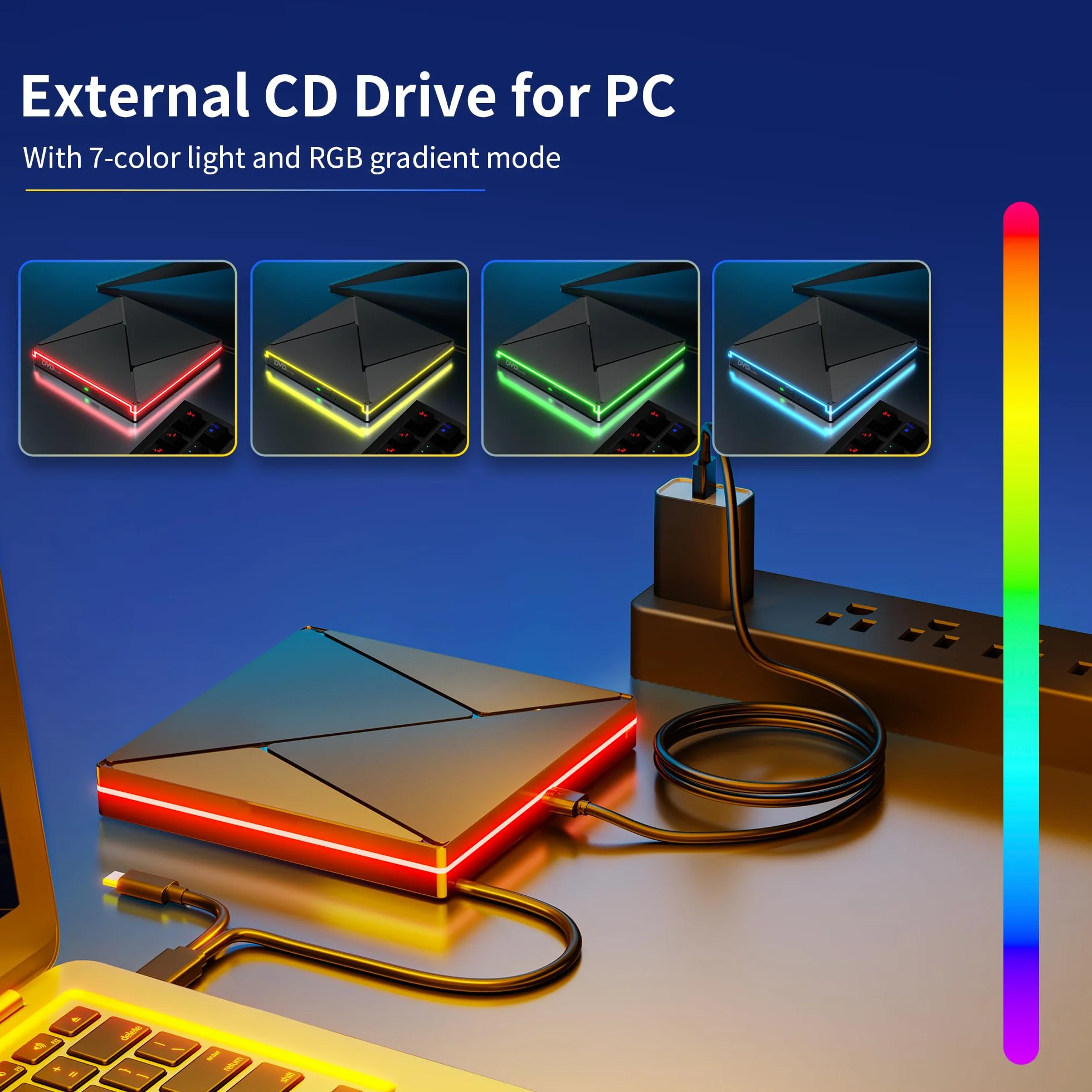 Zewnętrzny napęd CD/DVD USB 3.0 USB C z RGB do Mac i Windows