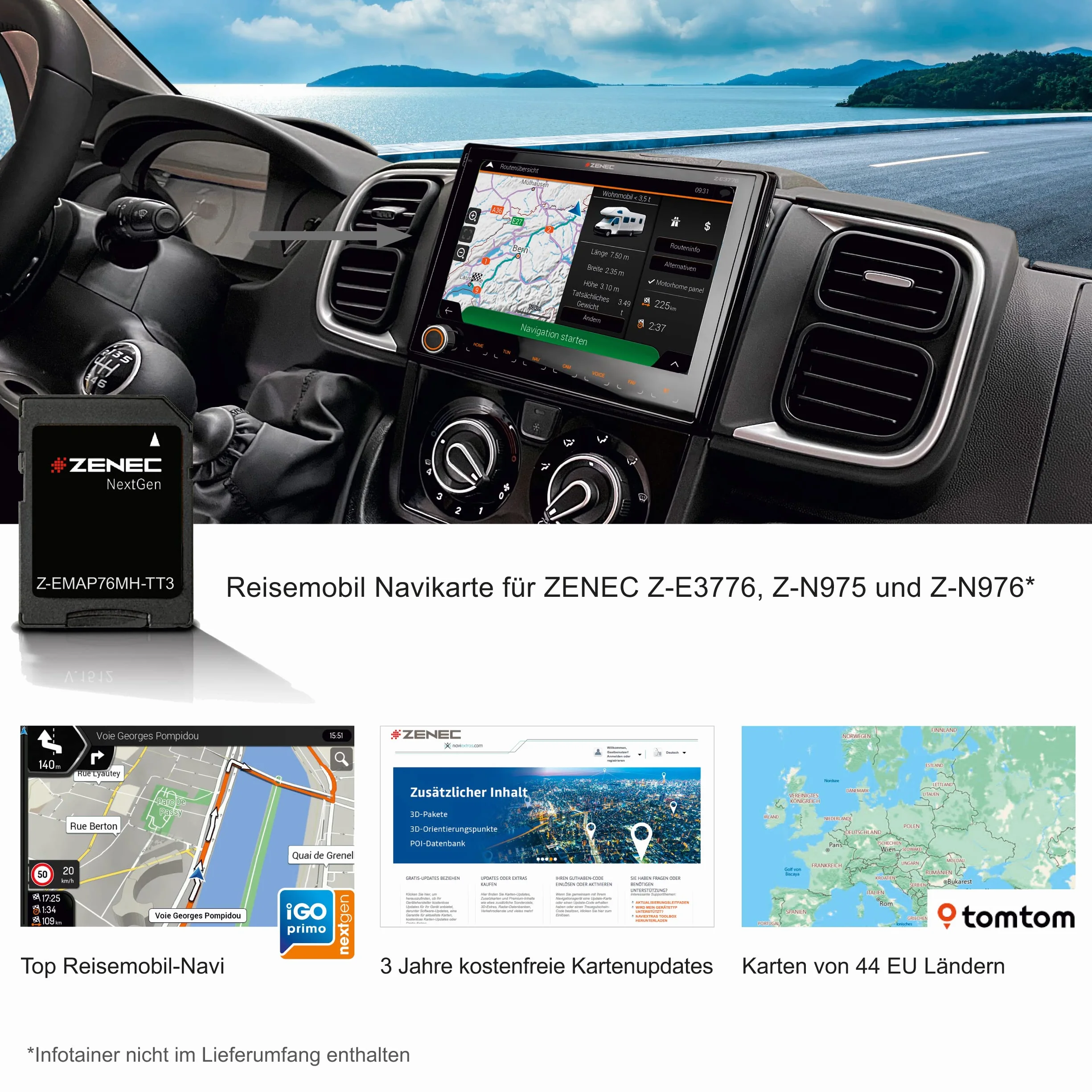 Karta micro SDHC ZENEC Z-EMAP76MH-TT3 z nawigacją kampera do ZENEC Infotainer Z-E3776, Z-N975, Z-N976, mapy 3D Europy, Camping P.O.I. TMC